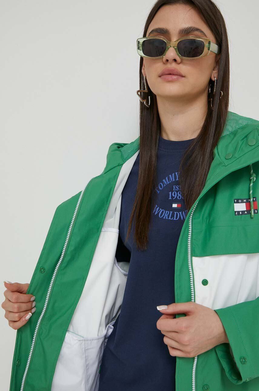 Tommy Jeans Bunda dámska zelená farba prechodná oversize - Pepit.sk