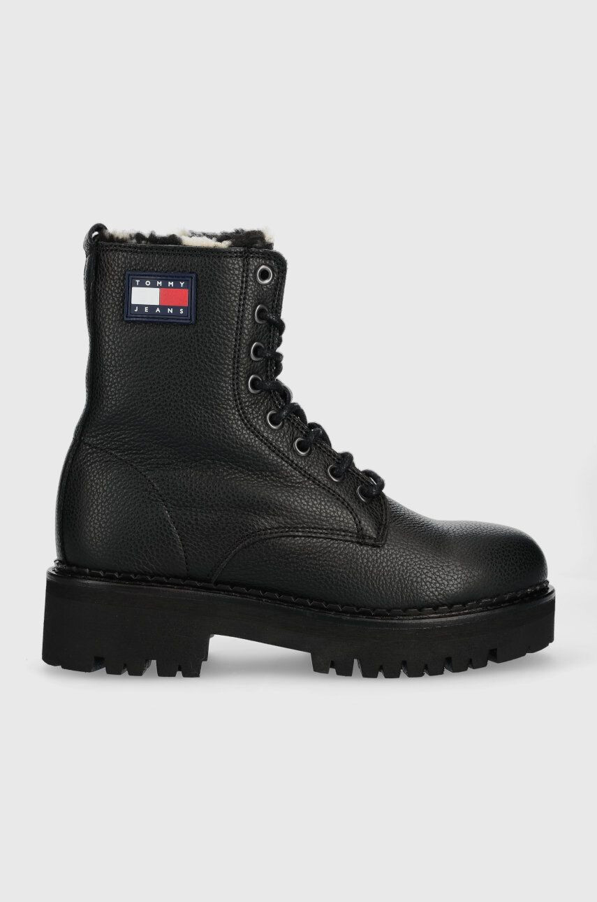 Tommy Jeans Kožené členkové topánky Urban Warmlined Boot dámske čierna farba na plochom podpätku zateplené - Pepit.sk