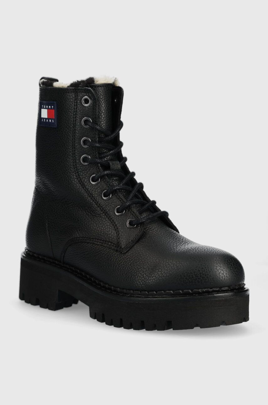 Tommy Jeans Kožené členkové topánky Urban Warmlined Boot dámske čierna farba na plochom podpätku zateplené - Pepit.sk