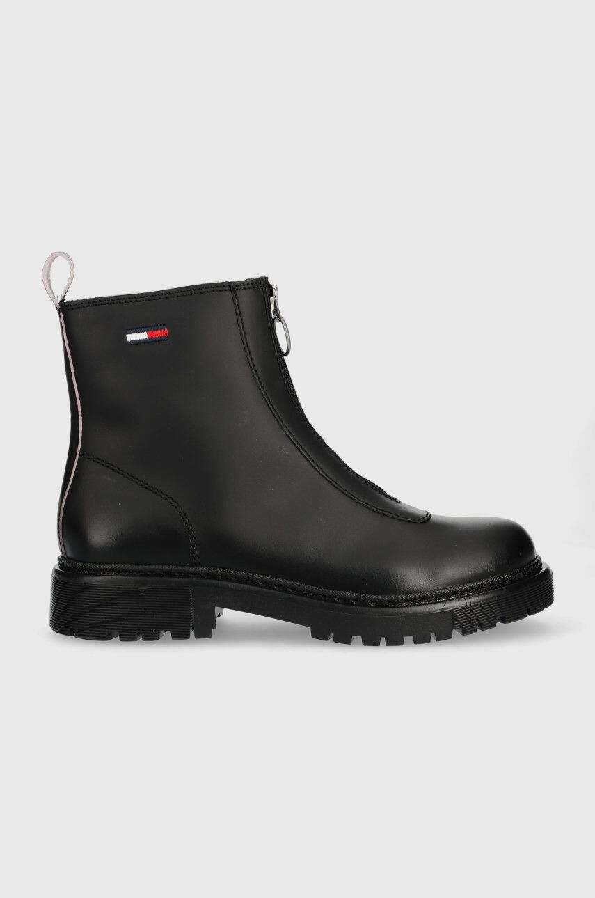 Tommy Jeans Kožené členkové topánky Zip Boot dámske čierna farba na plochom podpätku - Pepit.sk