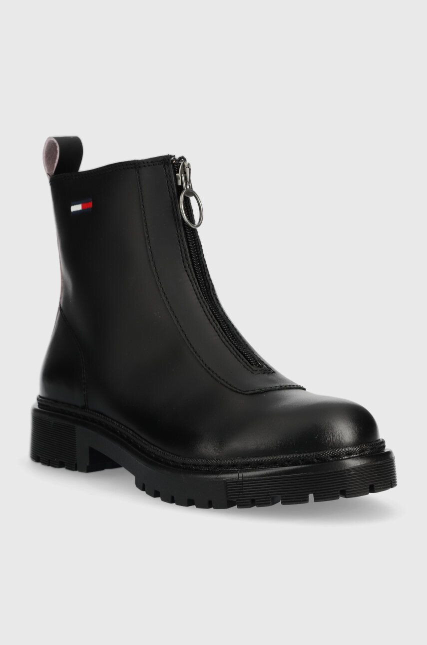 Tommy Jeans Kožené členkové topánky Zip Boot dámske čierna farba na plochom podpätku - Pepit.sk