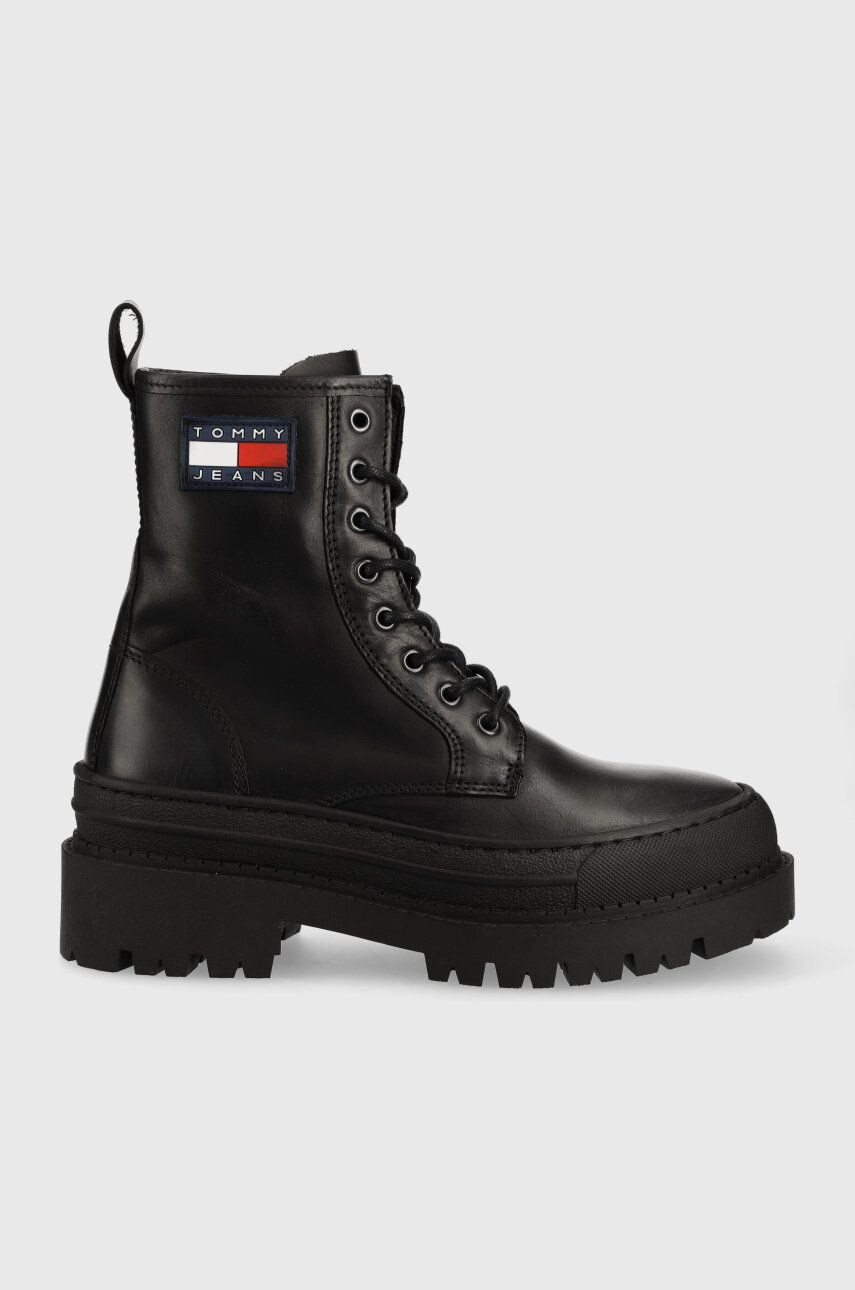 Tommy Jeans Kožené workery Lace Up Boot dámske čierna farba na platforme - Pepit.sk