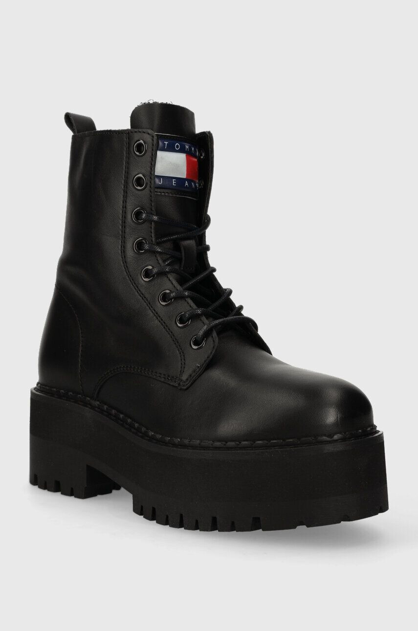 Tommy Jeans Kožené workery TJW BOOT ZIP UP dámske čierna farba na plochom podpätku EN0EN02305 - Pepit.sk