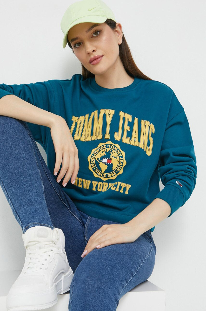 Tommy Jeans Mikina dámska tyrkysová farba s potlačou - Pepit.sk