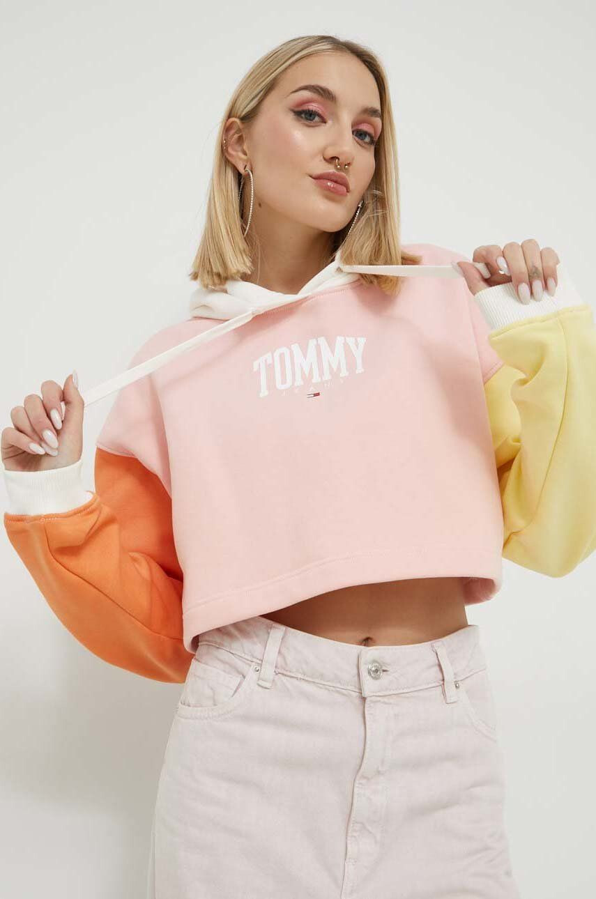 Tommy Jeans Mikina dámska ružová farba s kapucňou vzorovaná - Pepit.sk