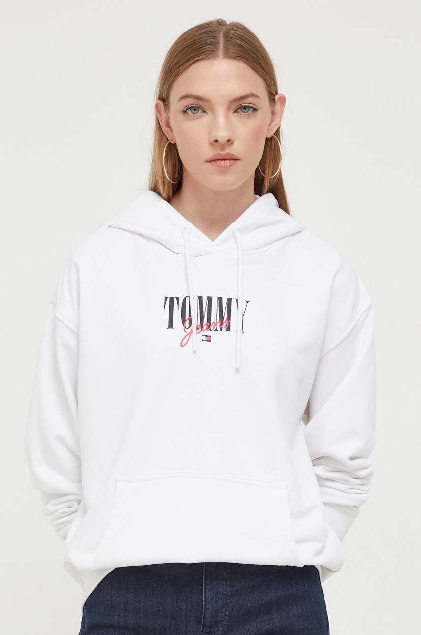 Tommy Jeans Mikina dámska biela farba s kapucňou s potlačou - Pepit.sk