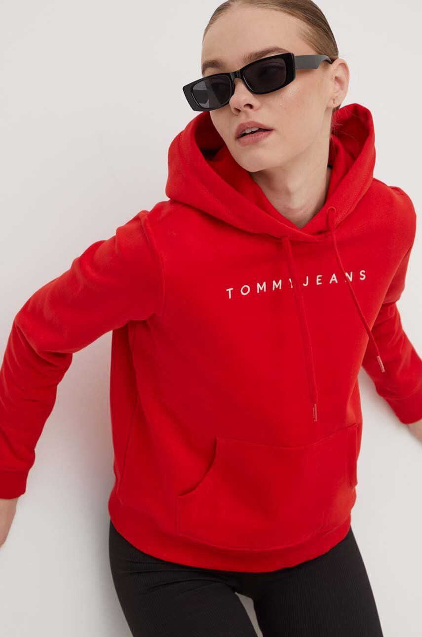 Tommy Jeans Mikina dámska červená farba s kapucňou s nášivkou - Pepit.sk