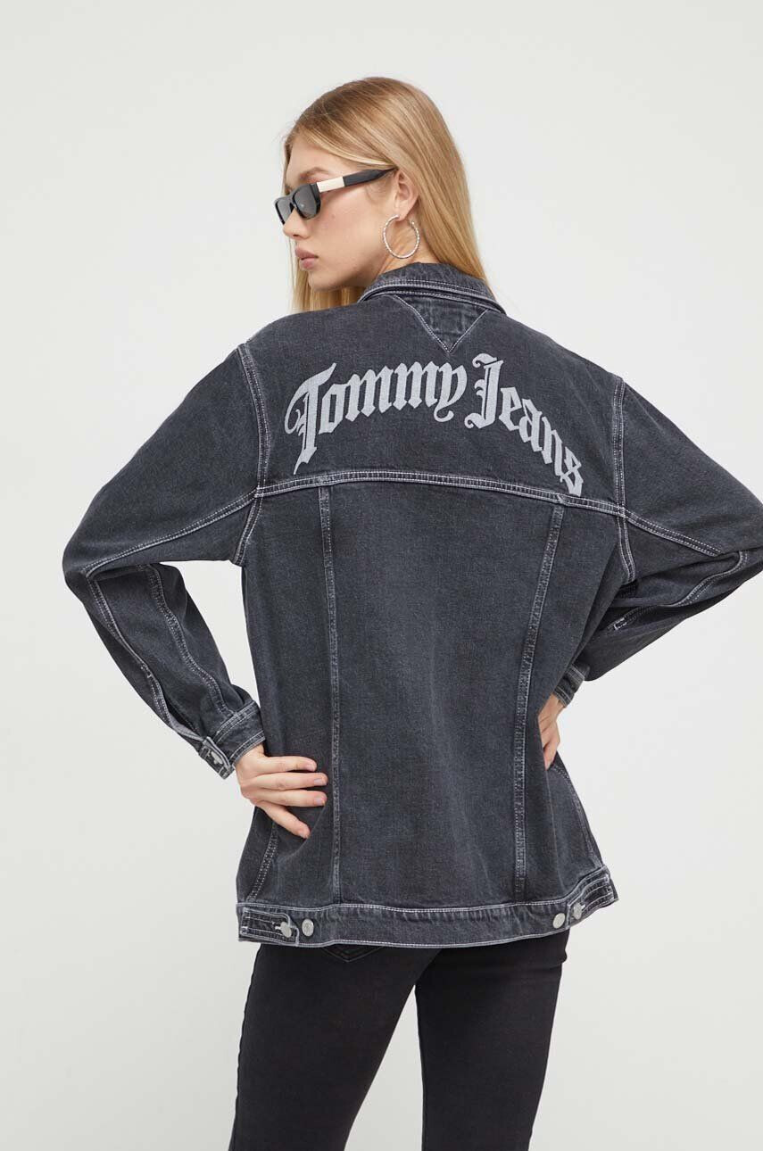 Tommy Jeans Rifľová bunda dámska čierna farba prechodná oversize - Pepit.sk