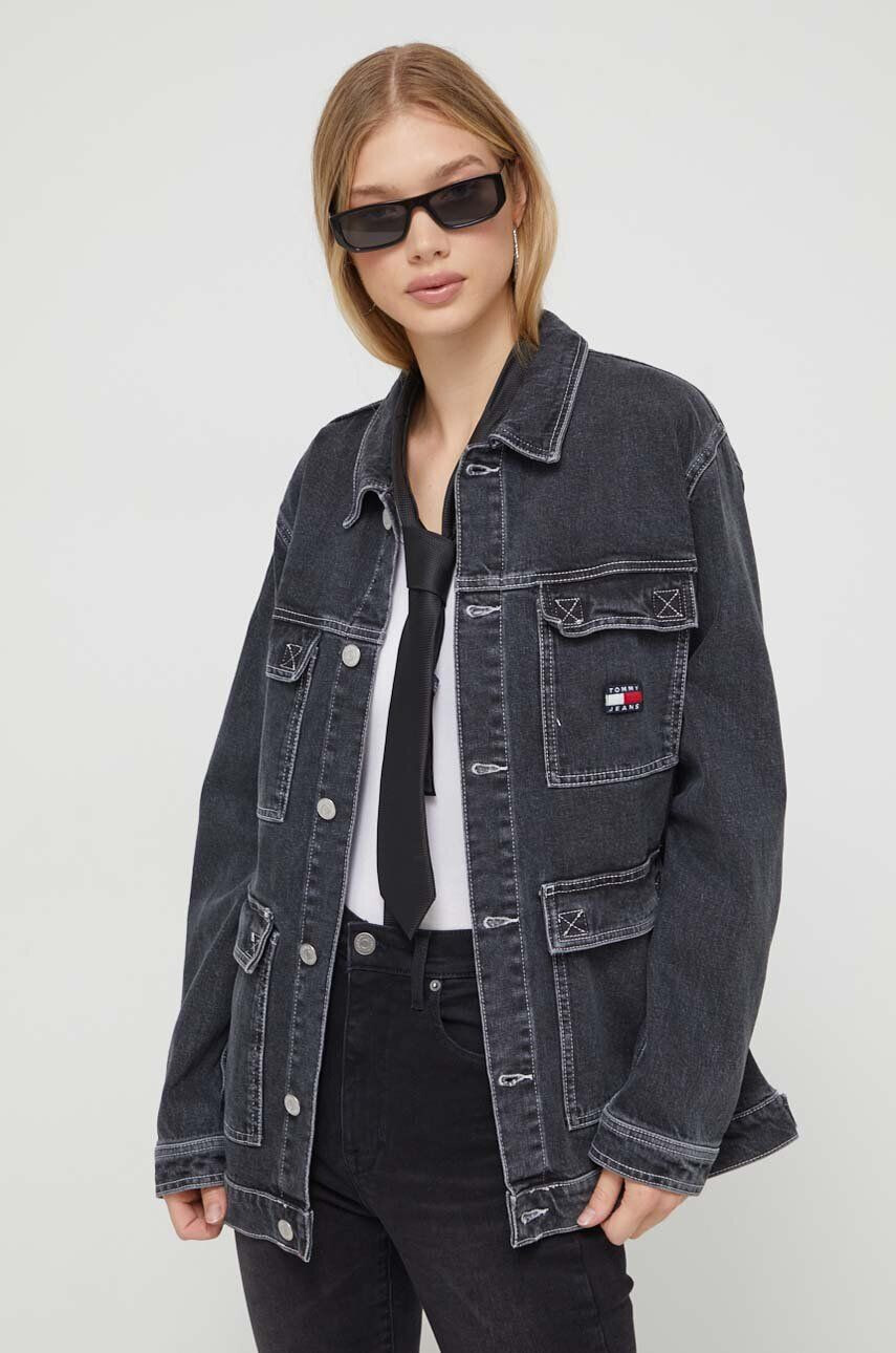 Tommy Jeans Rifľová bunda dámska čierna farba prechodná oversize - Pepit.sk