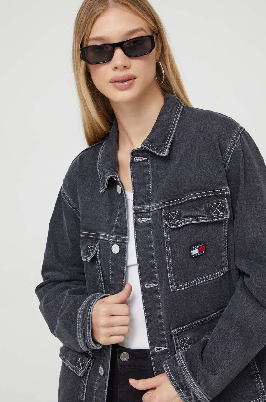 Tommy Jeans Rifľová bunda dámska čierna farba prechodná oversize - Pepit.sk