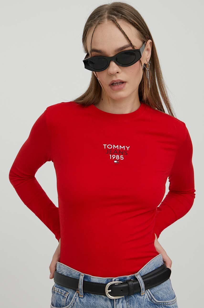 Tommy Jeans Tričko s dlhým rukávom dámsky červená farba - Pepit.sk