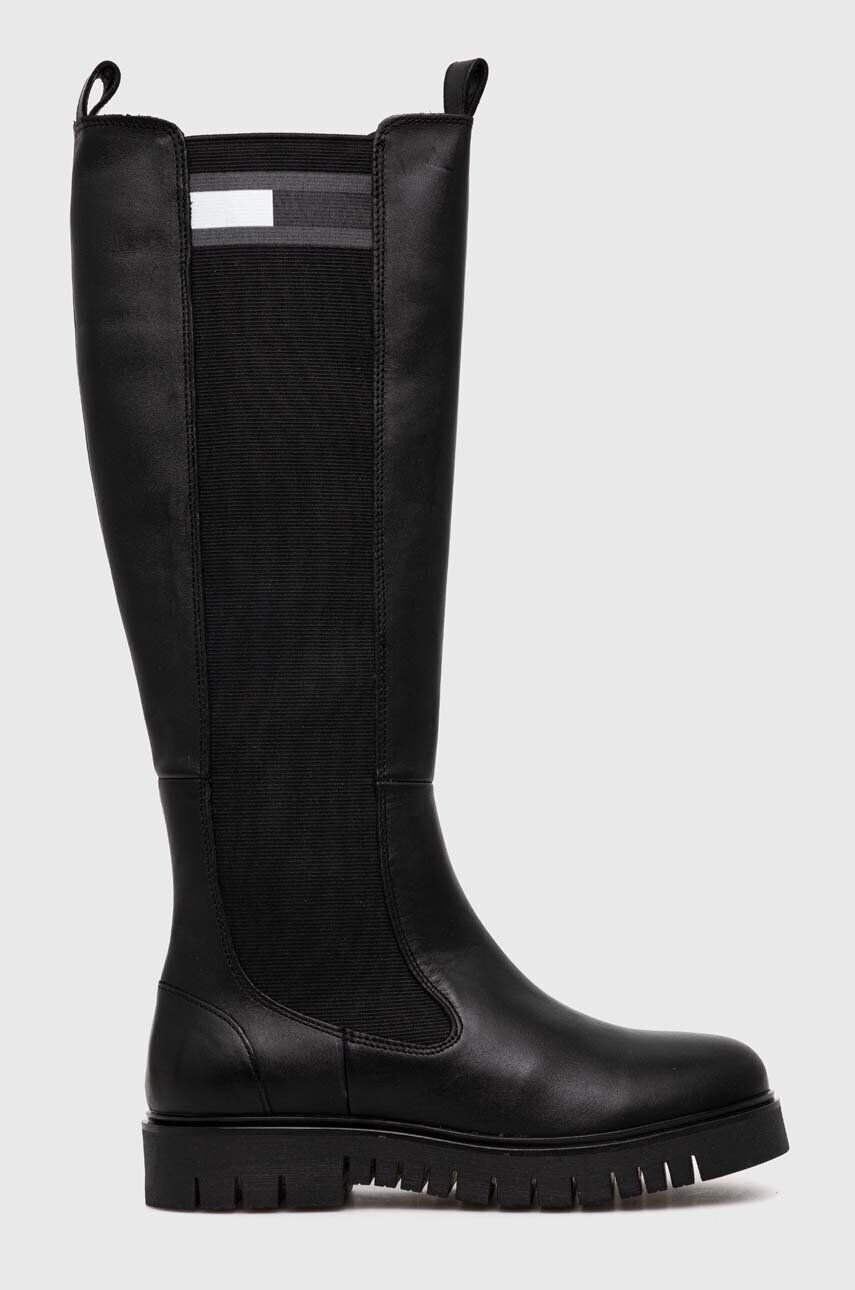 Tommy Jeans Vysoké čižmy TJW HIGH SHAFT BOOT dámske čierna farba na plochom podpätku EN0EN02316 - Pepit.sk