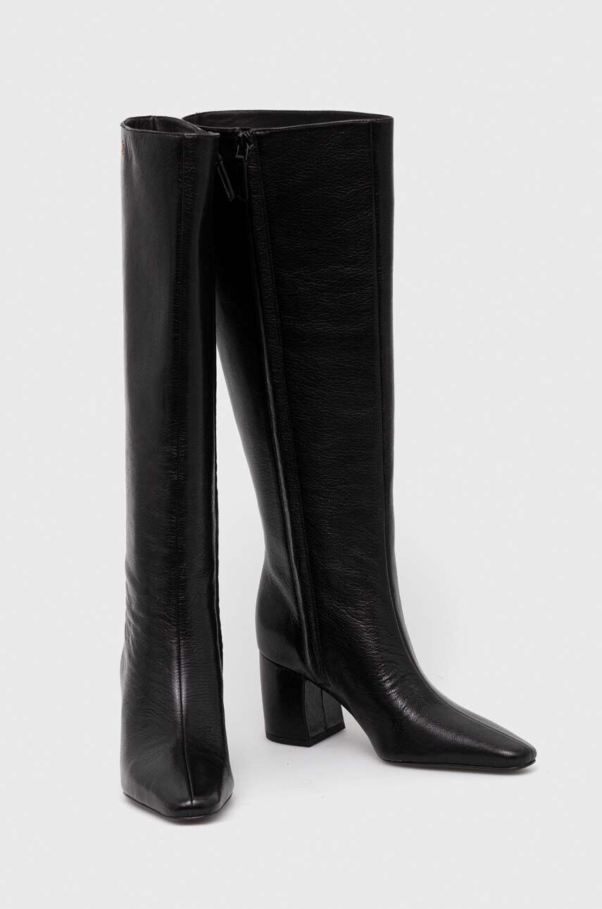 Tory Burch Kožené čižmy BANANA TALL BOOT dámske čierna farba na podpätku 154529-006 - Pepit.sk