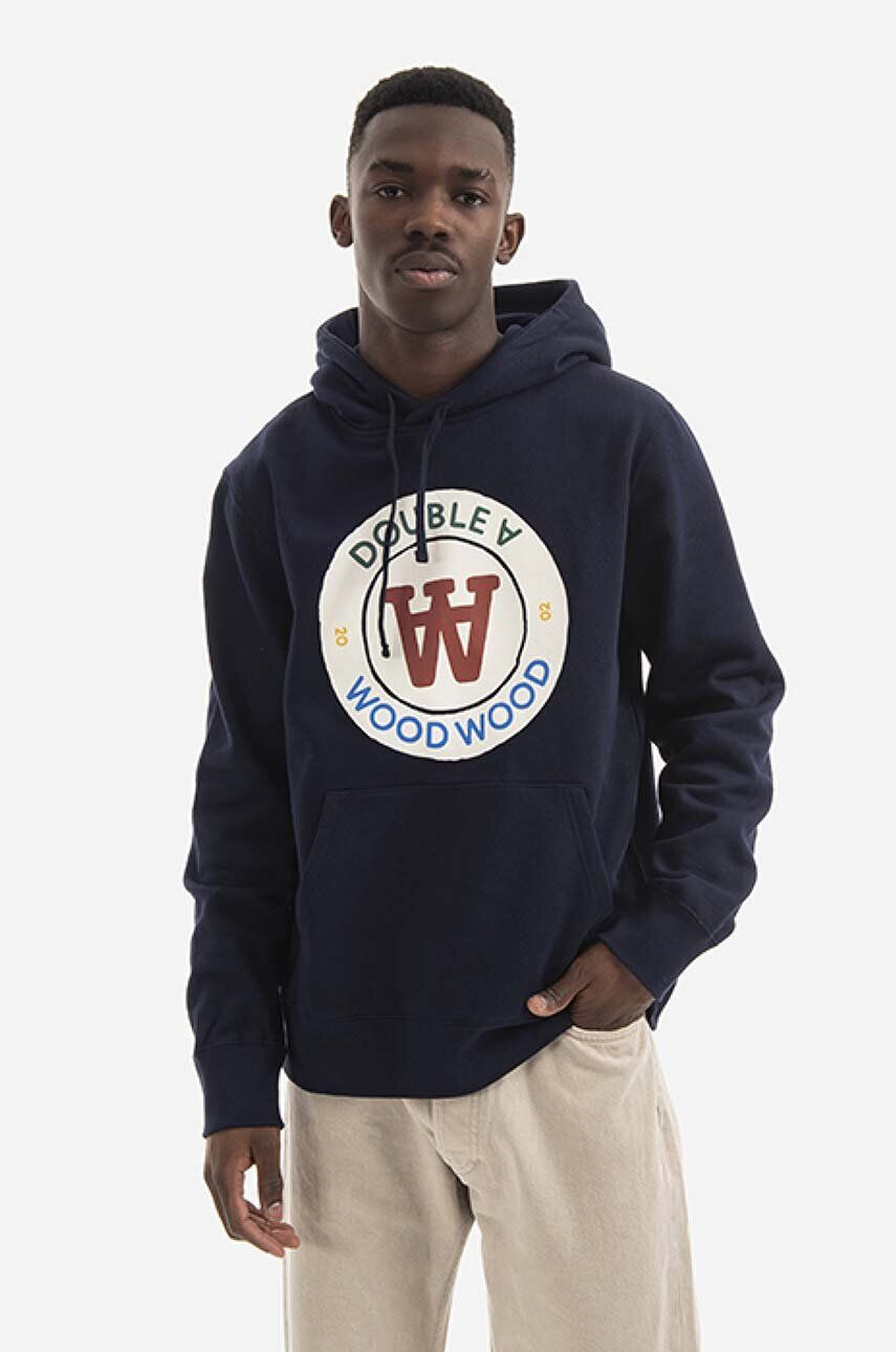 Wood Wood Bavlnená mikina Ian Crest Hoodie 10285600-2424 NAVY pánska tmavomodrá farba s kapucňou s potlačou - Pepit.sk