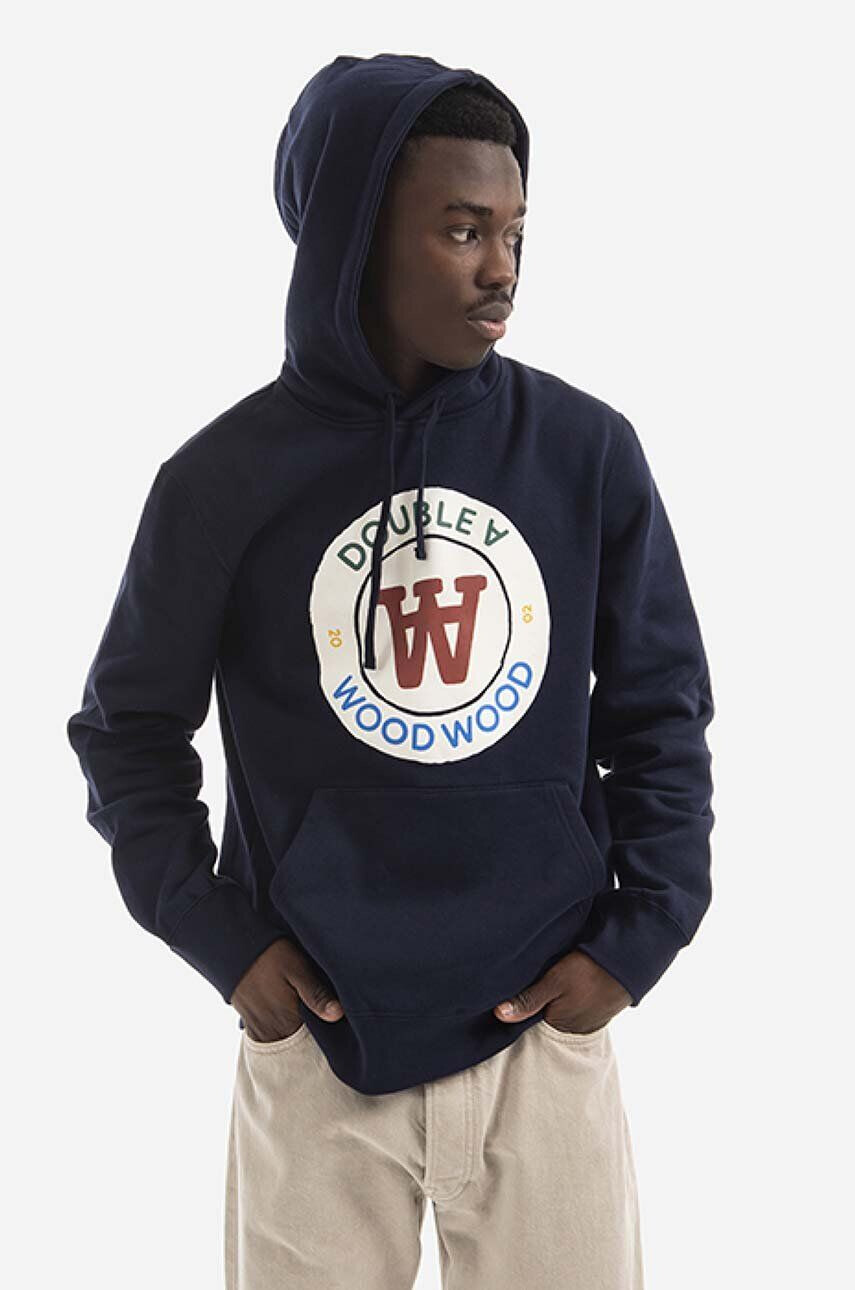 Wood Wood Bavlnená mikina Ian Crest Hoodie 10285600-2424 NAVY pánska tmavomodrá farba s kapucňou s potlačou - Pepit.sk