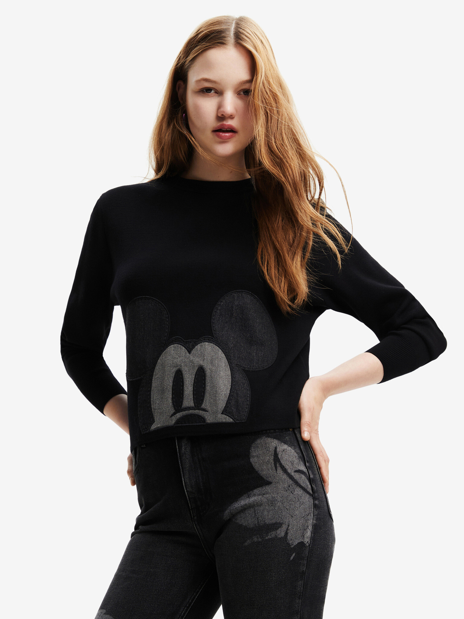 Desigual Mickey Patch Denim Sveter Čierna - Pepit.sk