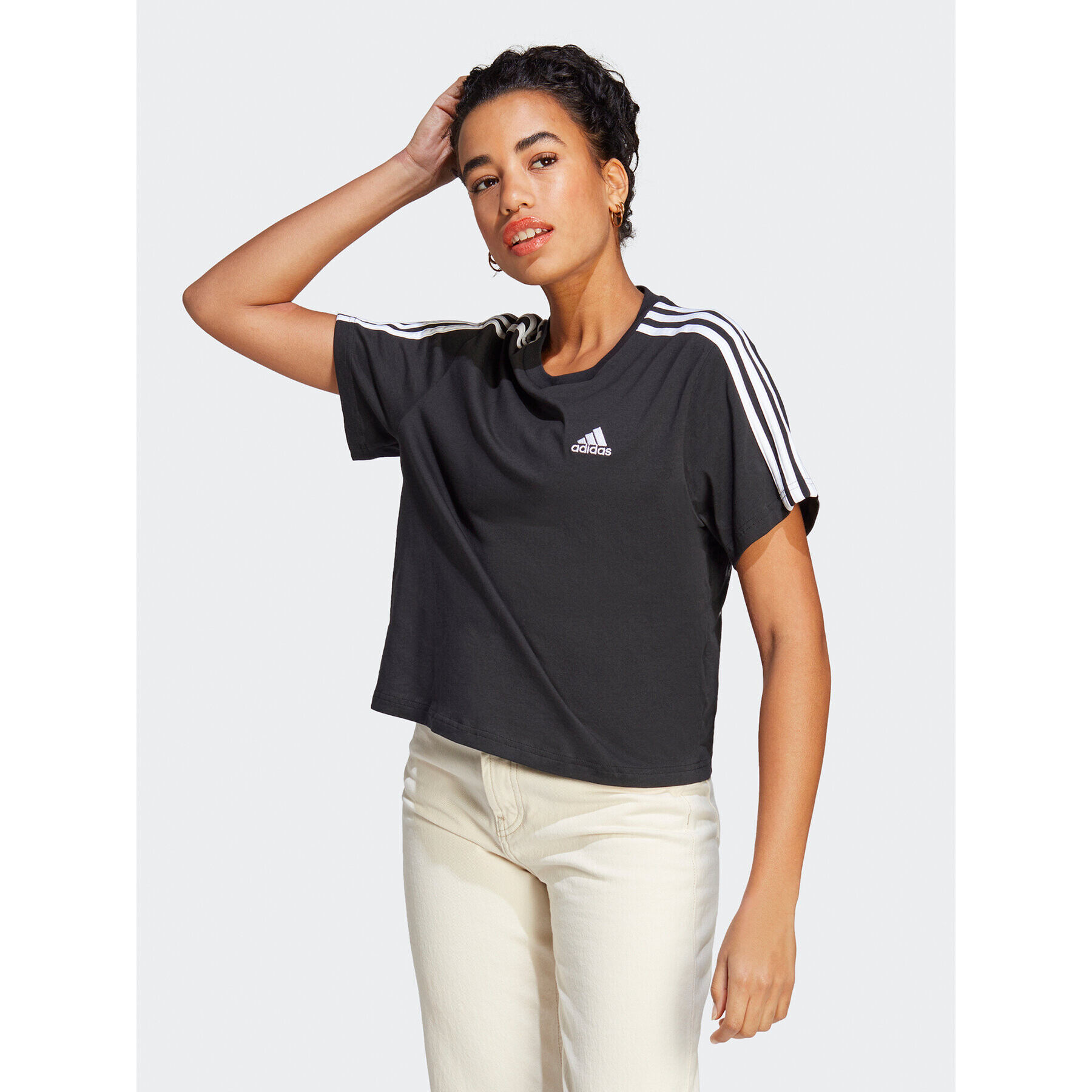 adidas Tričko Essentials 3-Stripes Single Jersey Crop Top HR4913 Čierna Loose Fit - Pepit.sk