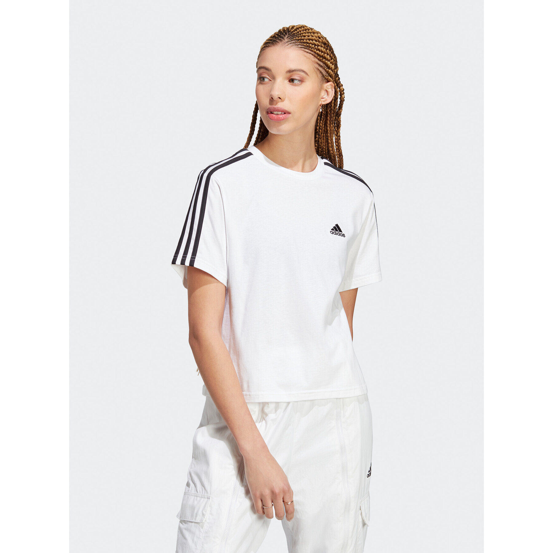 adidas Tričko Essentials 3-Stripes Single Jersey Crop Top HR4915 Biela Loose Fit - Pepit.sk