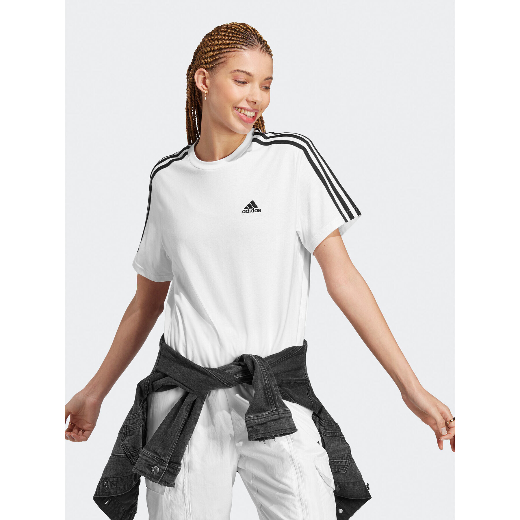 adidas Tričko Essentials 3-Stripes Single Jersey Crop Top HR4915 Biela Loose Fit - Pepit.sk