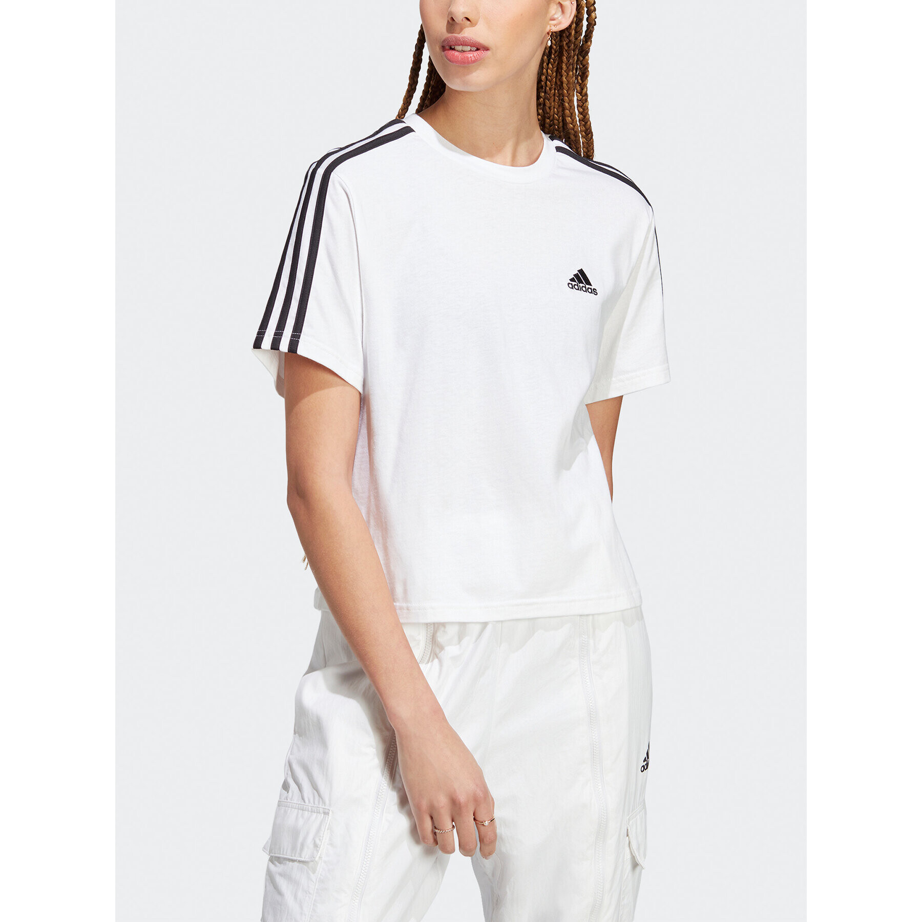 adidas Tričko Essentials 3-Stripes Single Jersey Crop Top HR4915 Biela Loose Fit - Pepit.sk