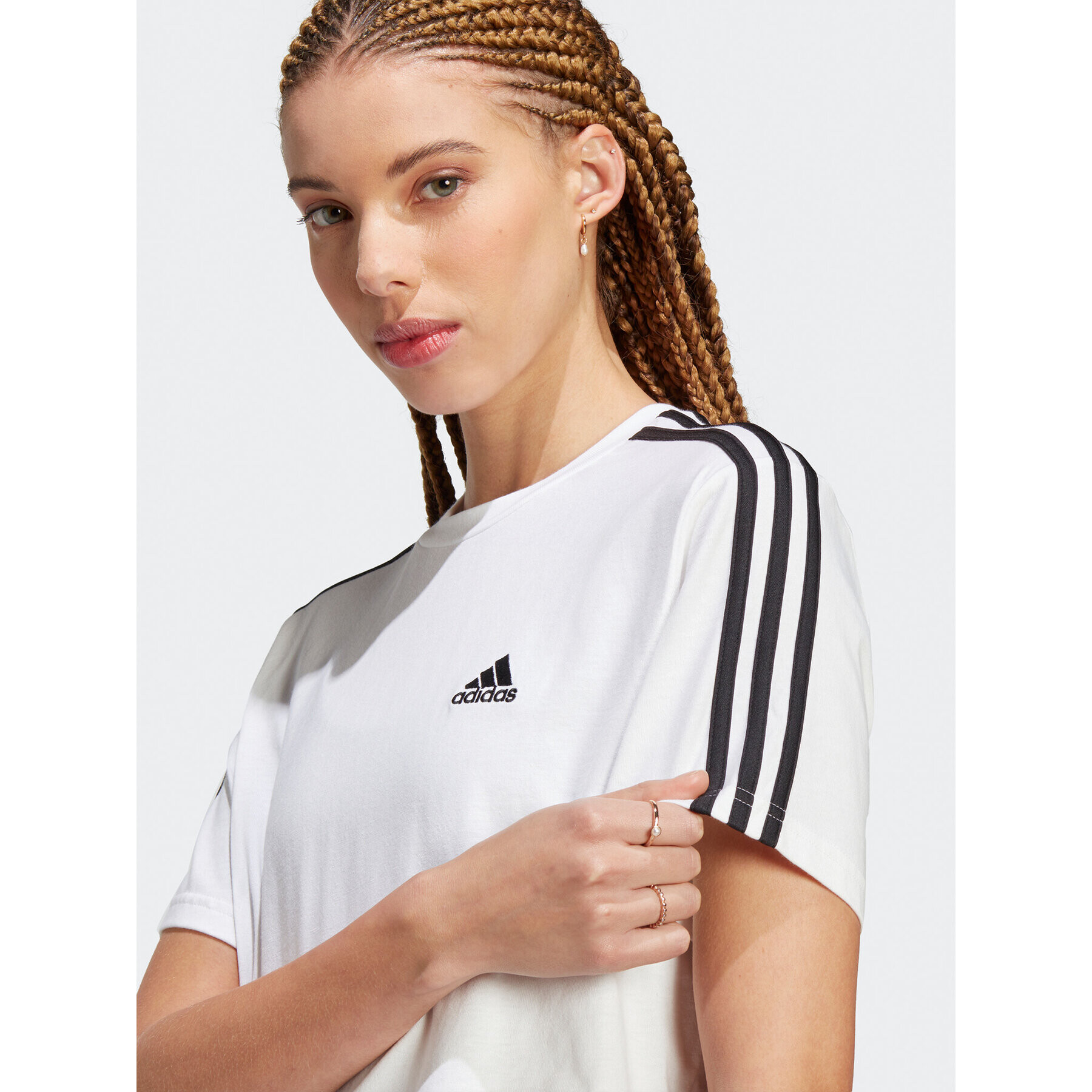 adidas Tričko Essentials 3-Stripes Single Jersey Crop Top HR4915 Biela Loose Fit - Pepit.sk