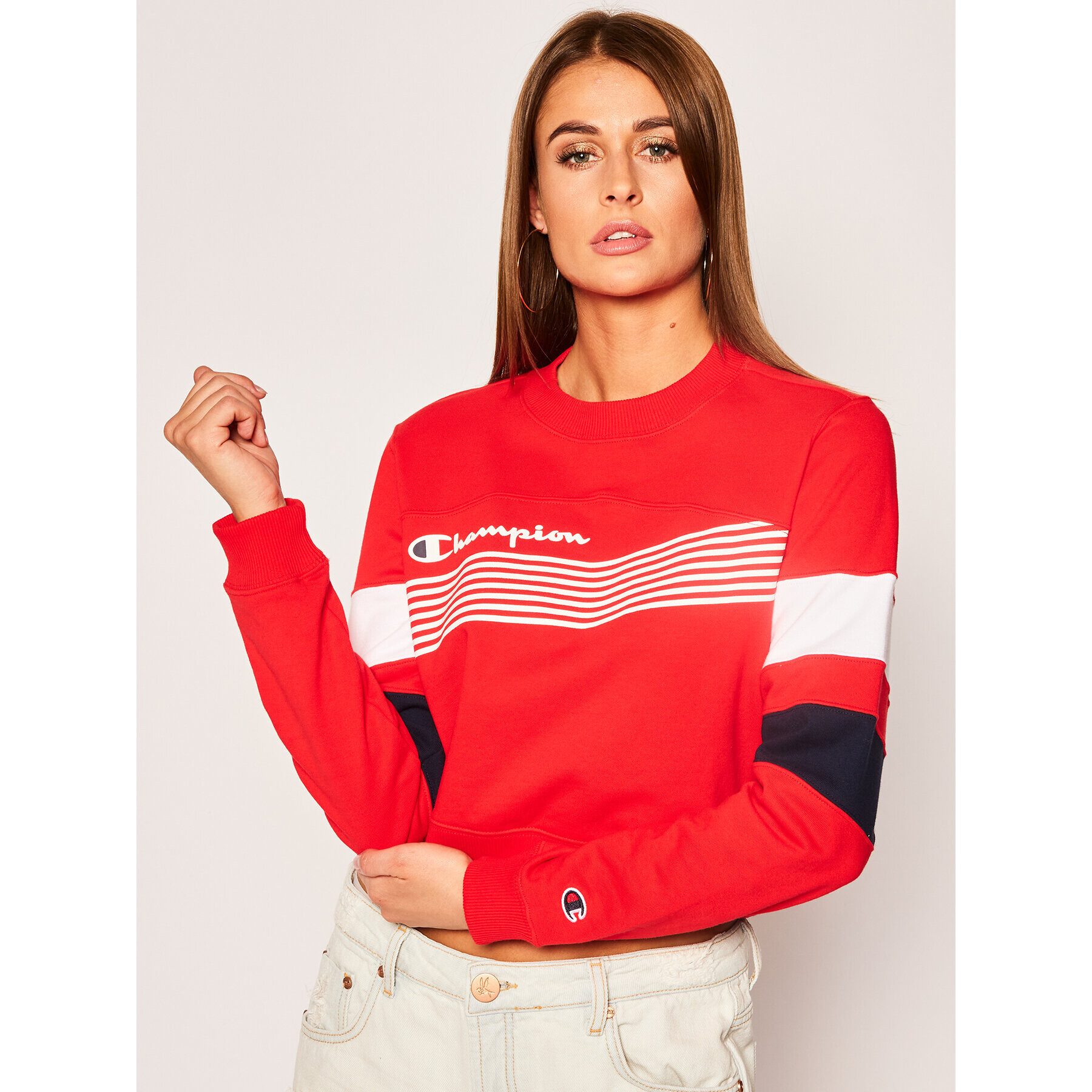 Champion Mikina Graphic Stripe And Colour Block Cropped 112761 Červená Regular Fit - Pepit.sk