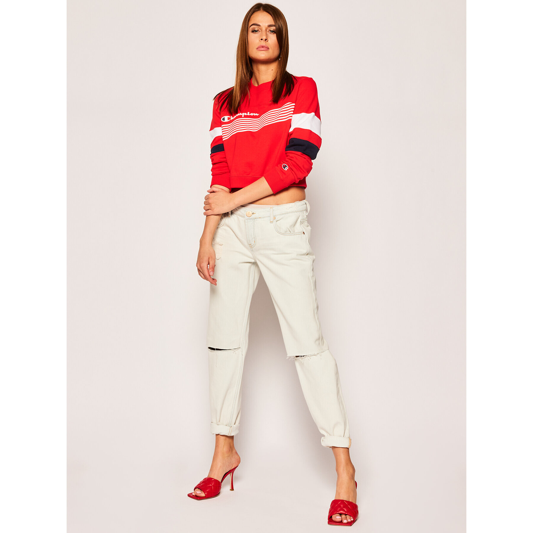 Champion Mikina Graphic Stripe And Colour Block Cropped 112761 Červená Regular Fit - Pepit.sk