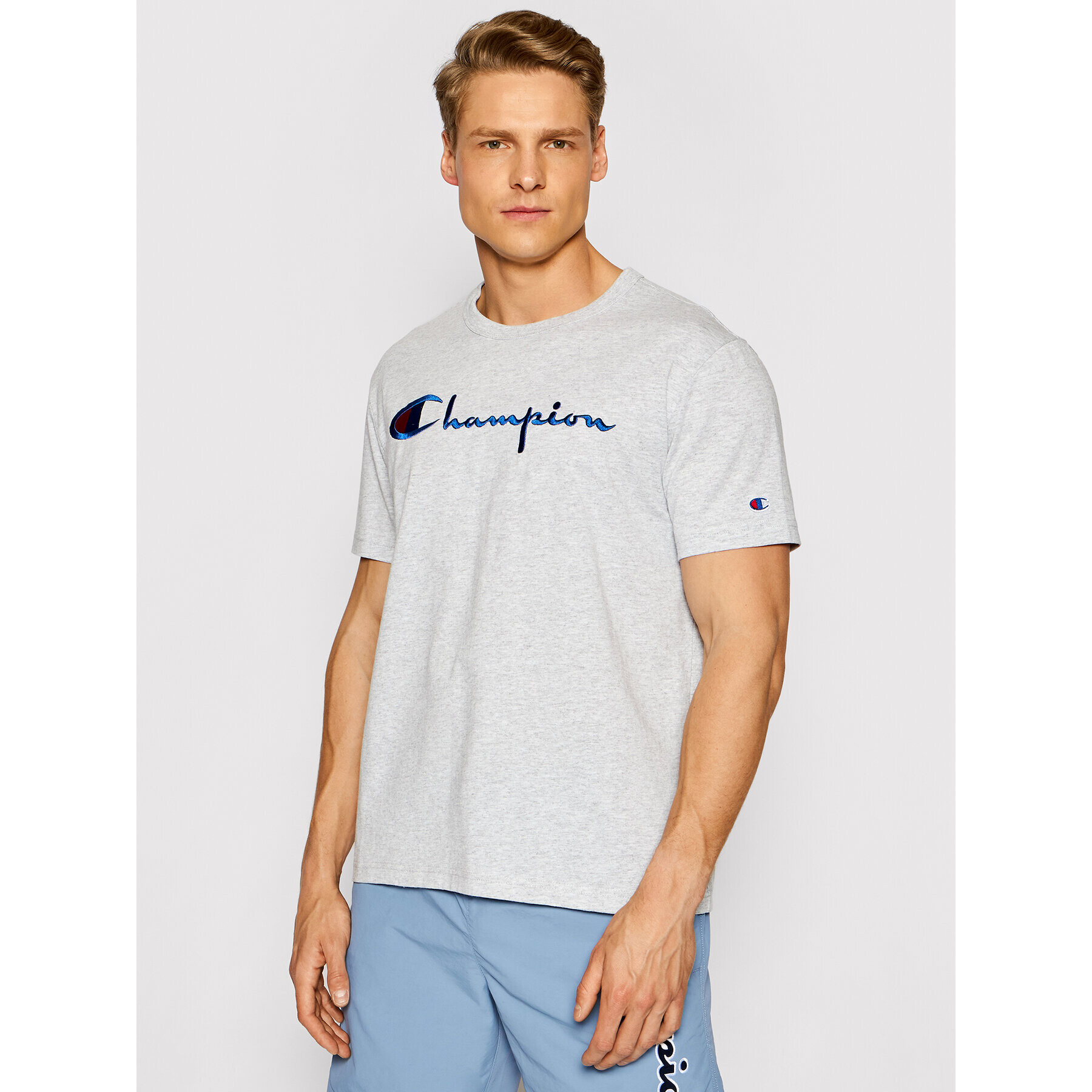 Champion Tričko Script Logo Crew 210972 Sivá Regular Fit - Pepit.sk