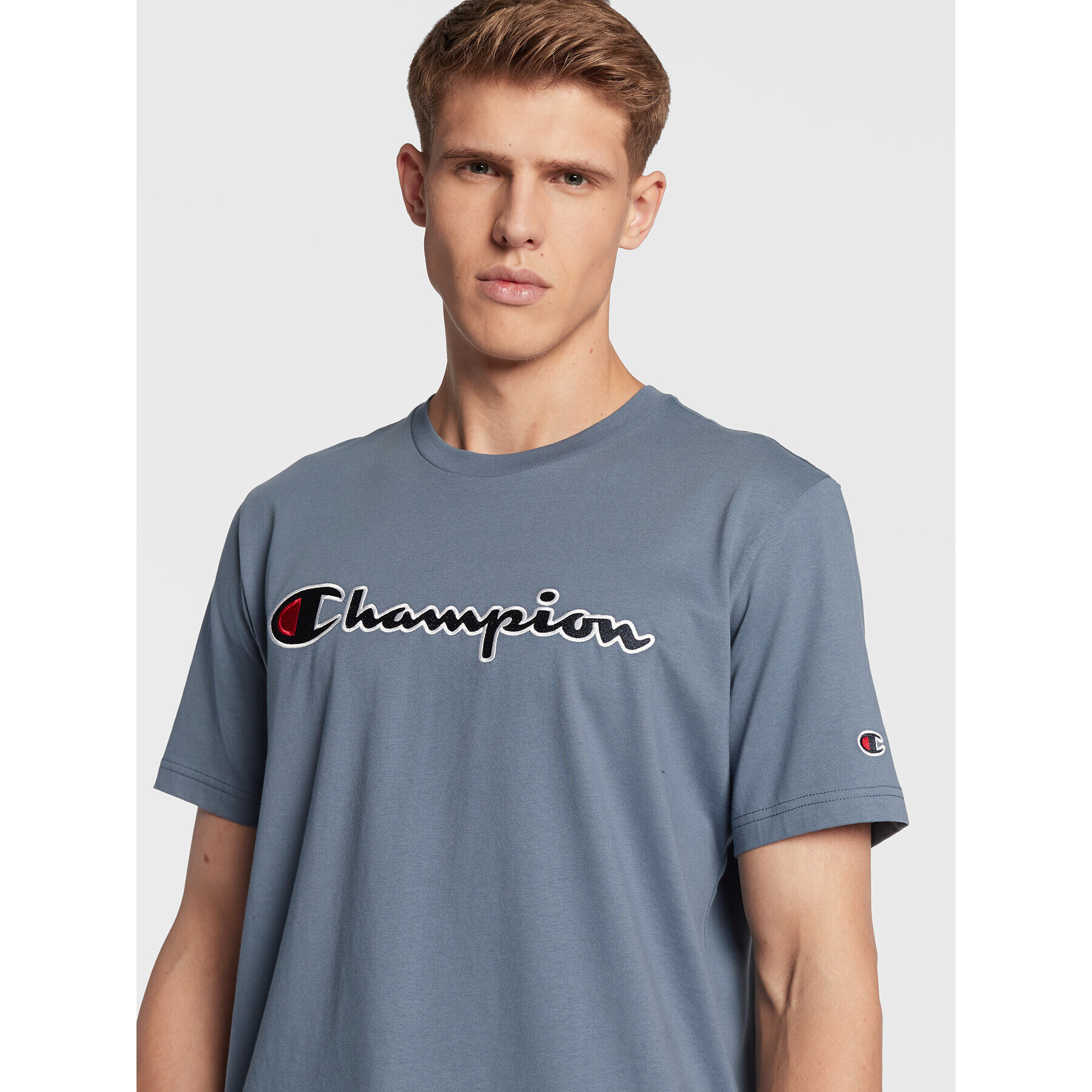 Champion Tričko Script Logo Embroidery 218007 Modrá Regular Fit - Pepit.sk