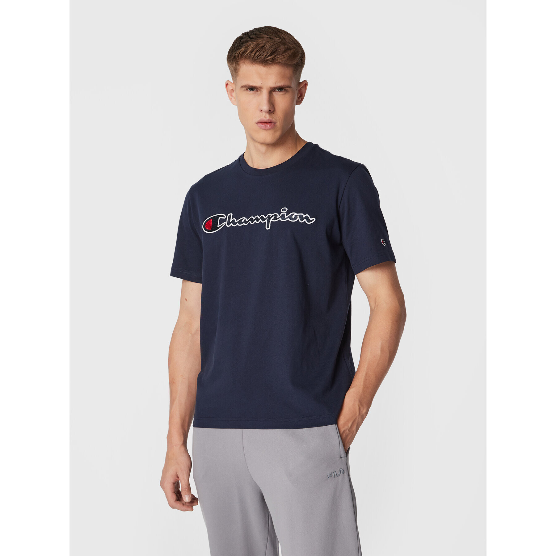 Champion Tričko Script Logo Embroidery 218007 Tmavomodrá Regular Fit - Pepit.sk