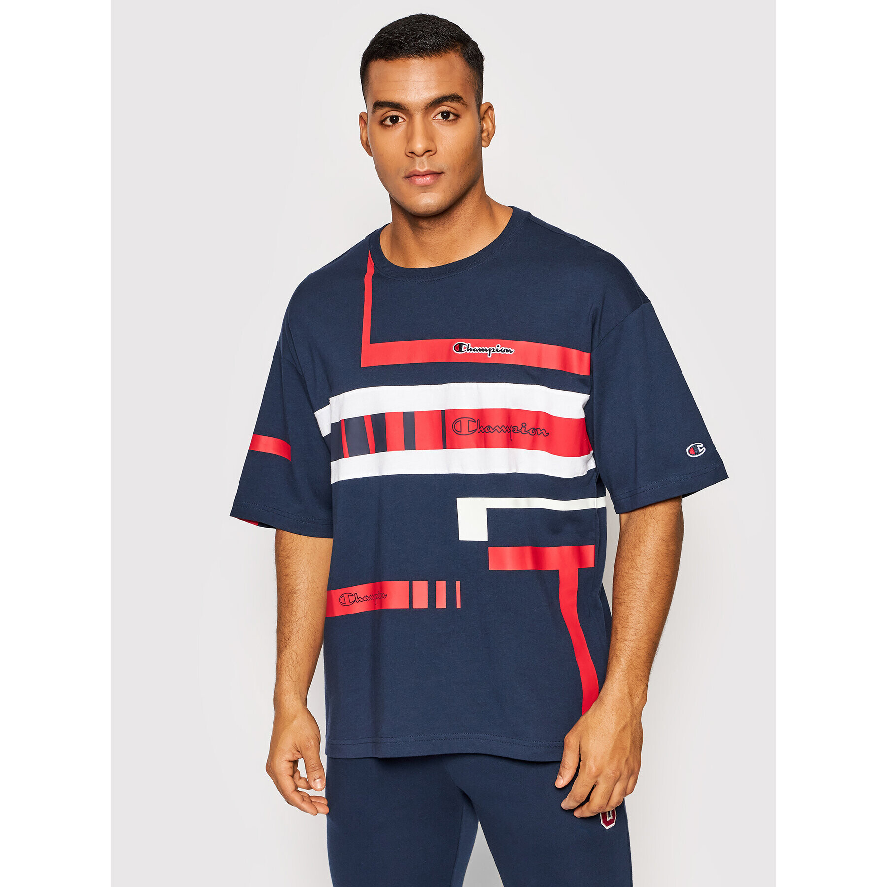 Champion Tričko Script Logo Stripe 216487 Tmavomodrá Custom Fit - Pepit.sk