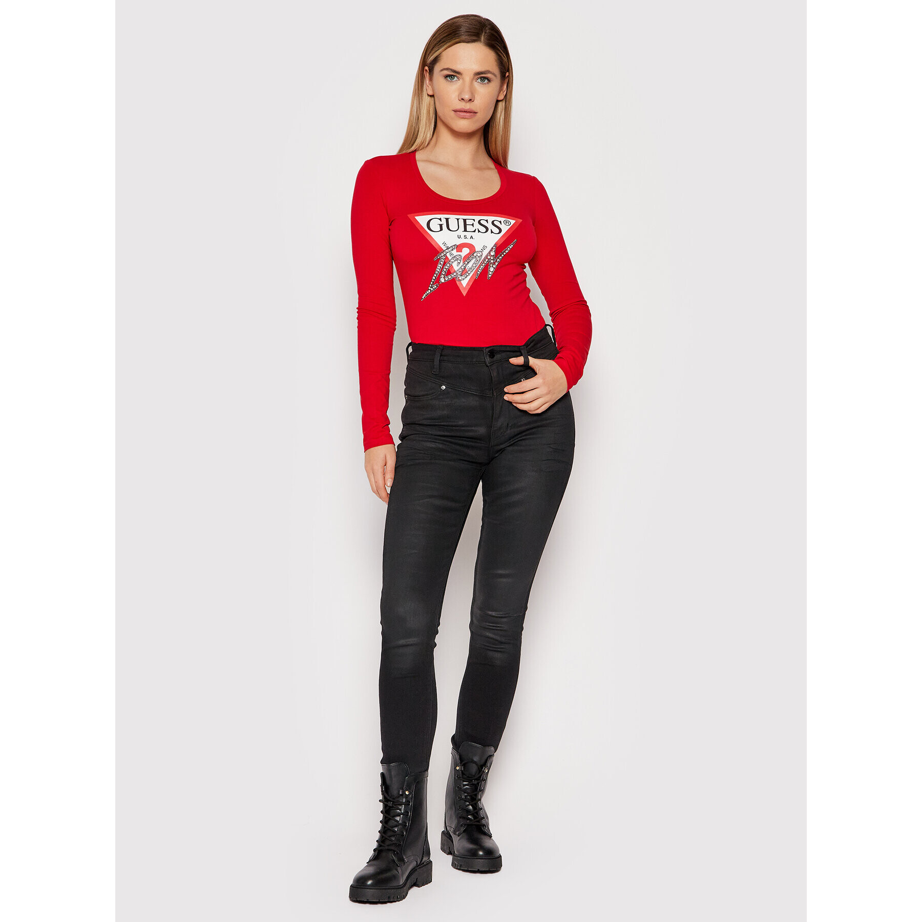 Guess Blúzka W2RI19 J1311 Červená Slim Fit - Pepit.sk