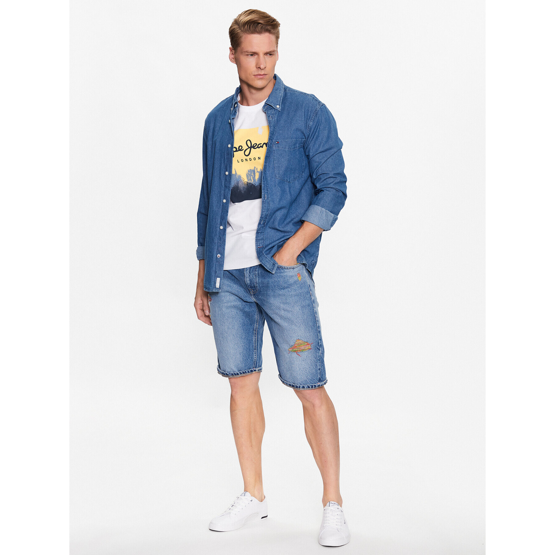 Pepe Jeans Džínsové šortky Callen Short Rainbow PM801021 Modrá Relaxed Fit - Pepit.sk