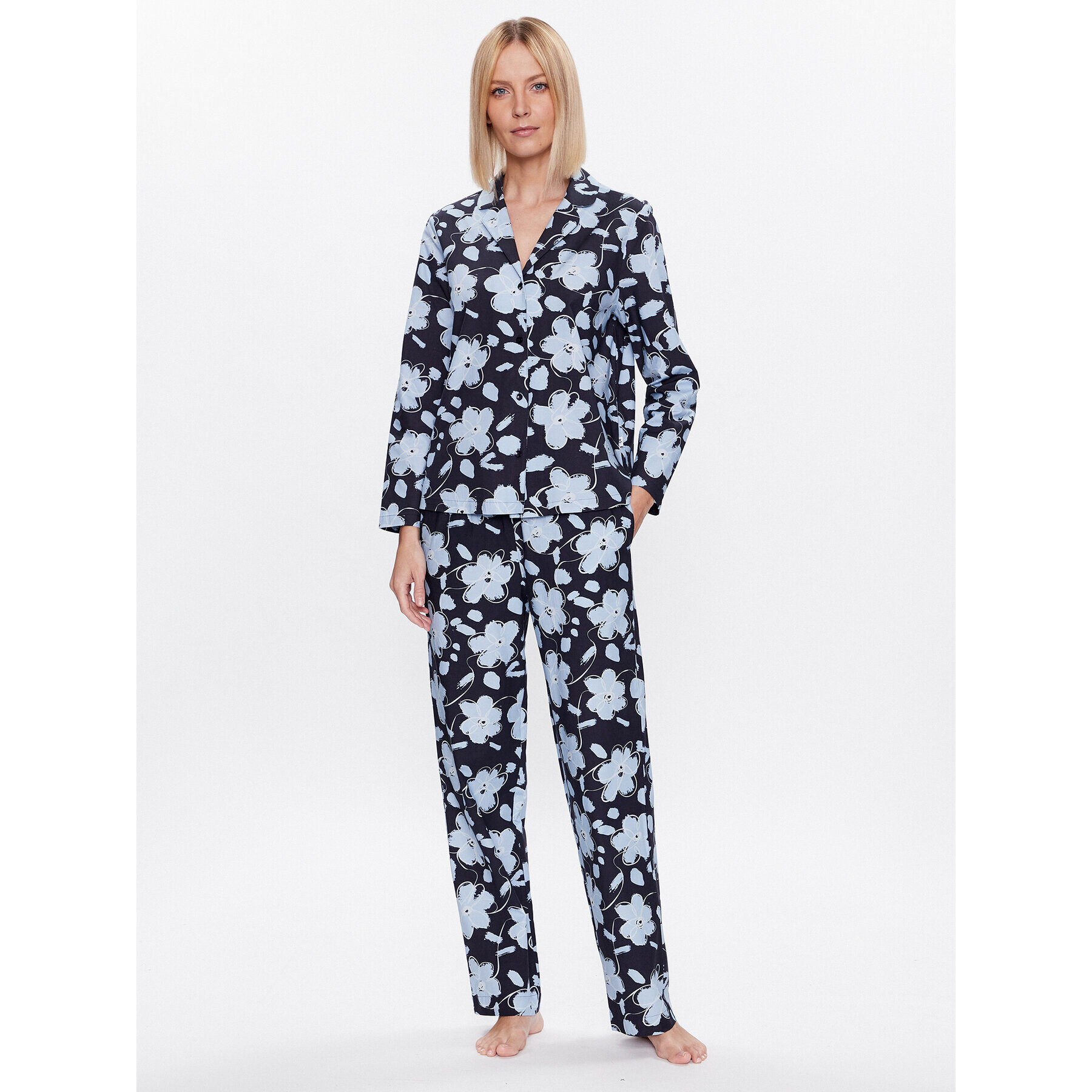 Seidensticker Pyžamo Classic Pajama Set Flowers Tmavomodrá Straight Fit - Pepit.sk