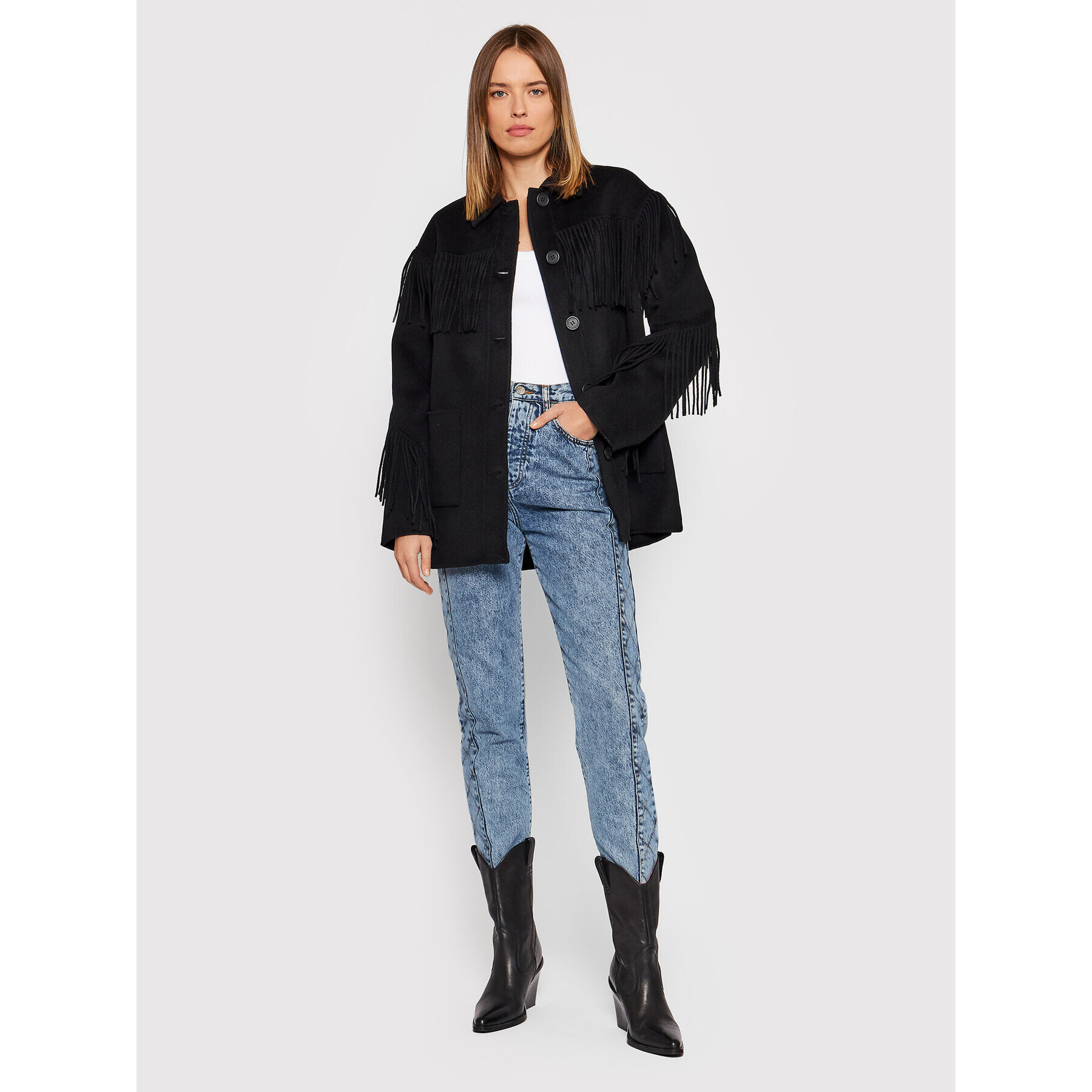 The Kooples Vlnený kabát Fringed FMAN23005K Čierna Regular Fit - Pepit.sk