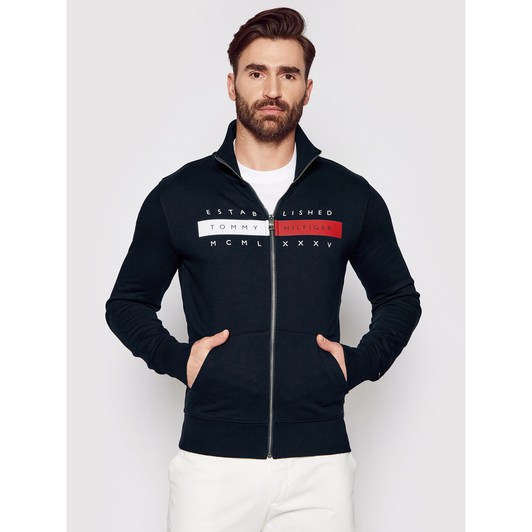 Tommy Hilfiger Mikina Global Zip Through MW0MW18367 Tmavomodrá Regular Fit - Pepit.sk