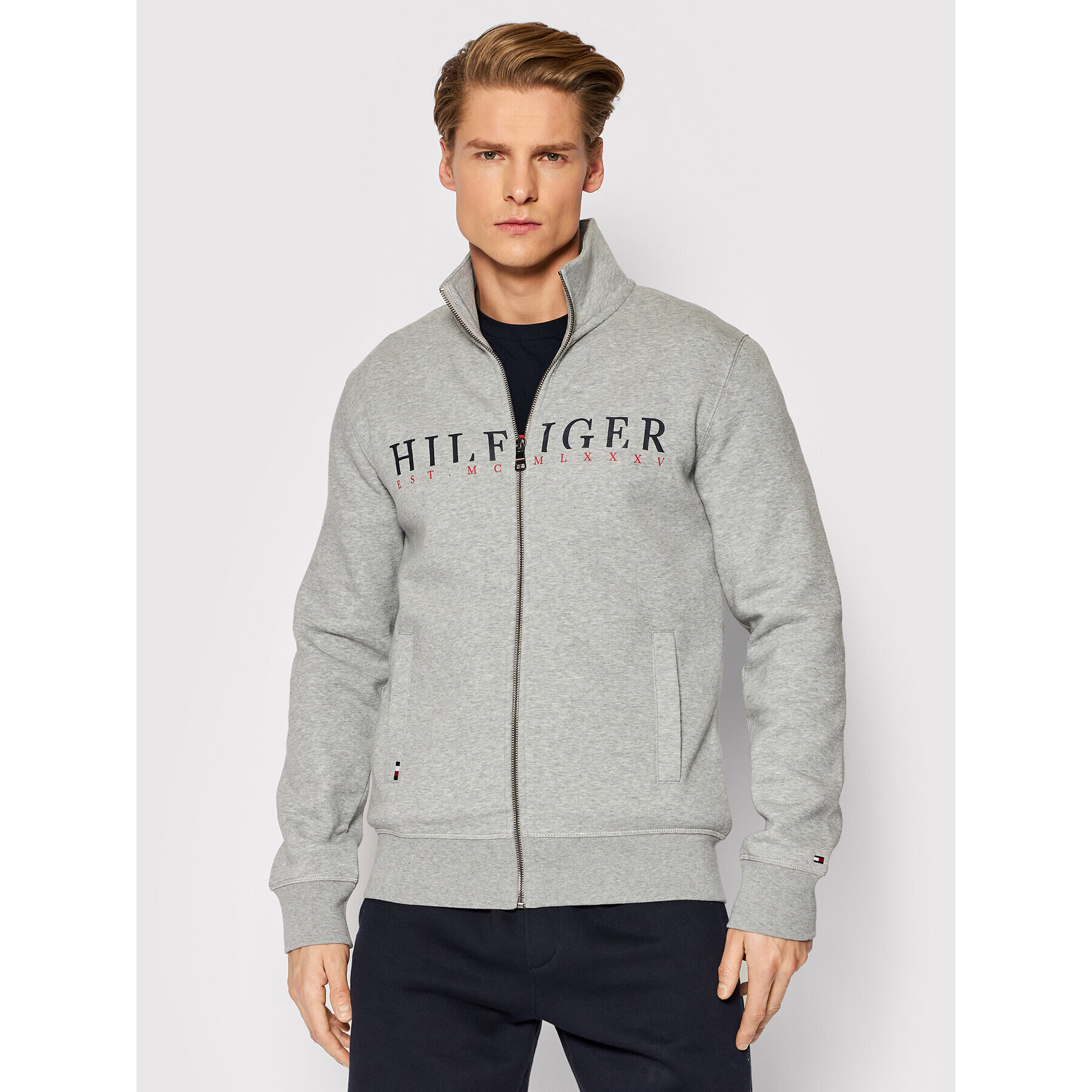 Tommy Hilfiger Mikina Logo Zip Through MW0MW22147 Sivá Regular Fit - Pepit.sk