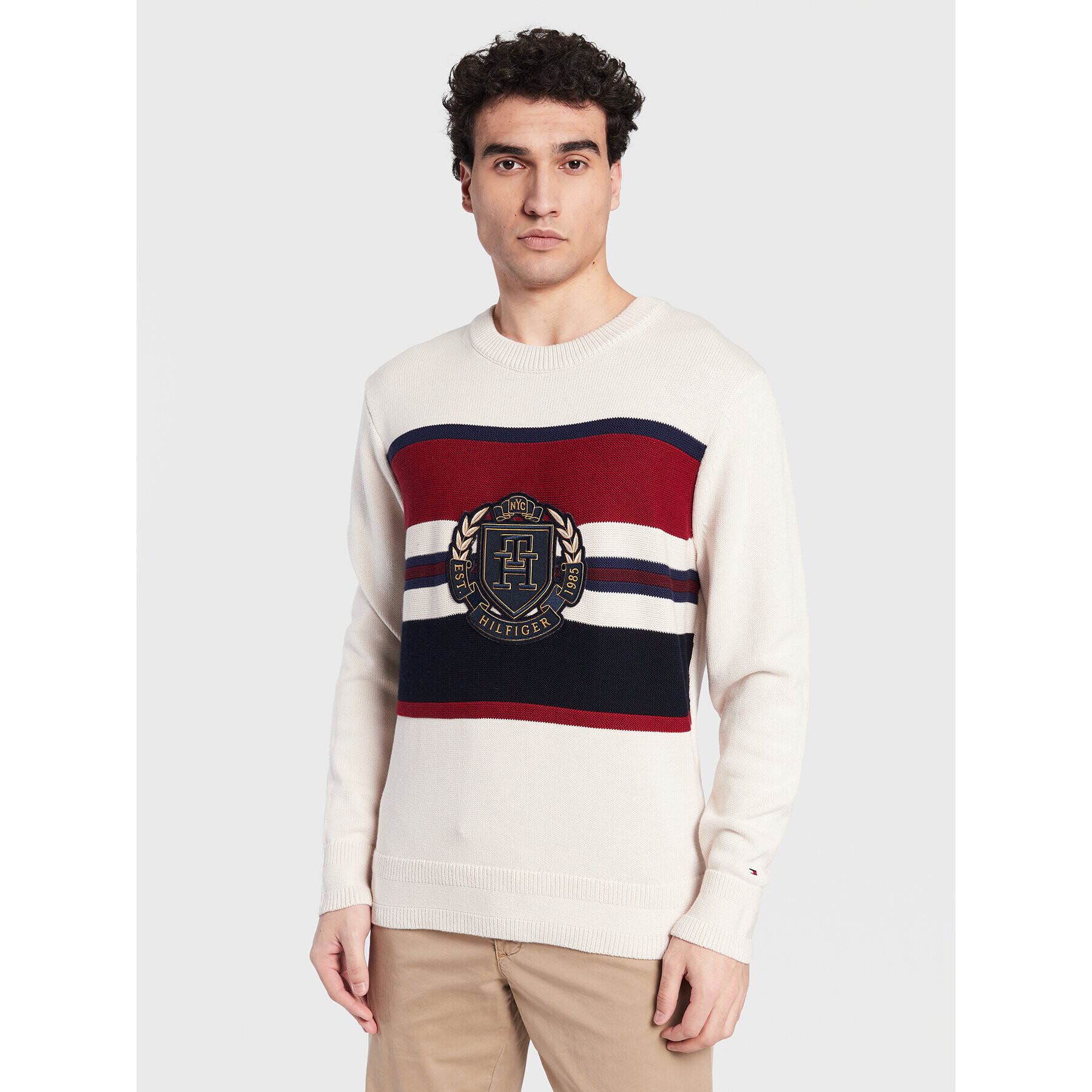 Tommy Hilfiger Sveter Seasonal Crest Stripe MW0MW29050 Écru Relaxed Fit - Pepit.sk