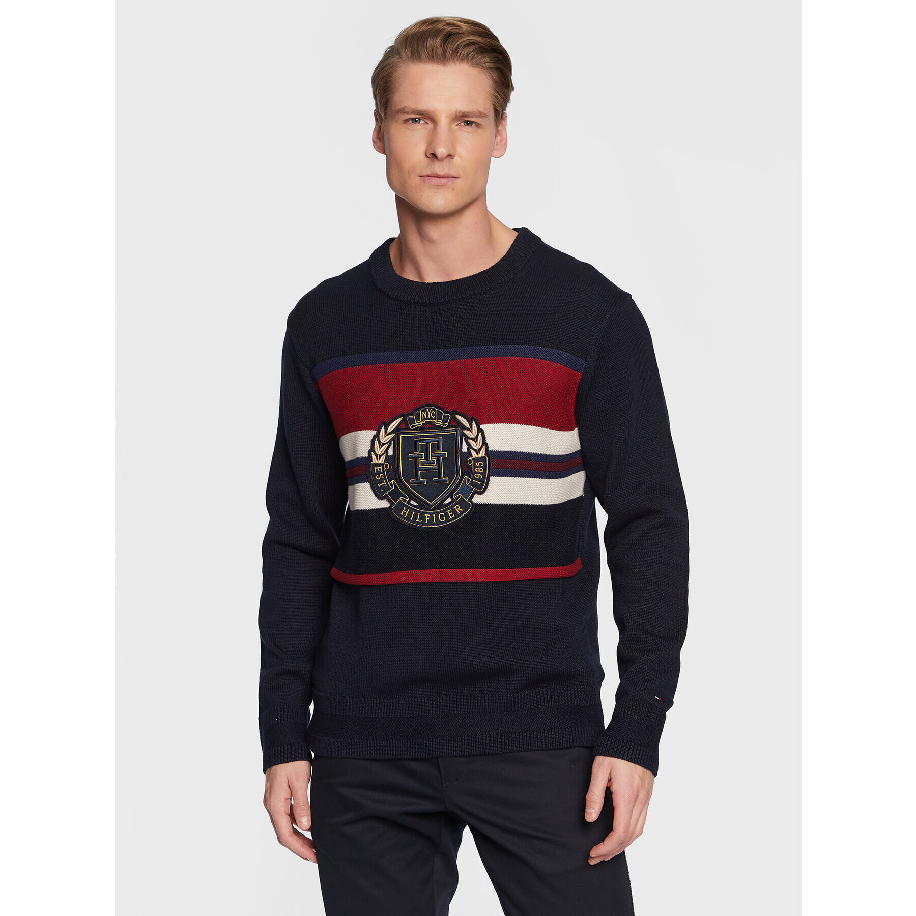 Tommy Hilfiger Sveter Seasonal Crest Stripe MW0MW29050 Tmavomodrá Relaxed Fit - Pepit.sk