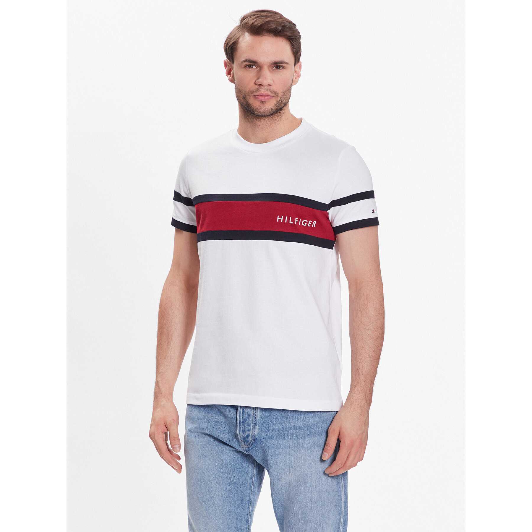 Tommy Hilfiger Tričko Colorblock Placement MW0MW29282 Biela Slim Fit - Pepit.sk