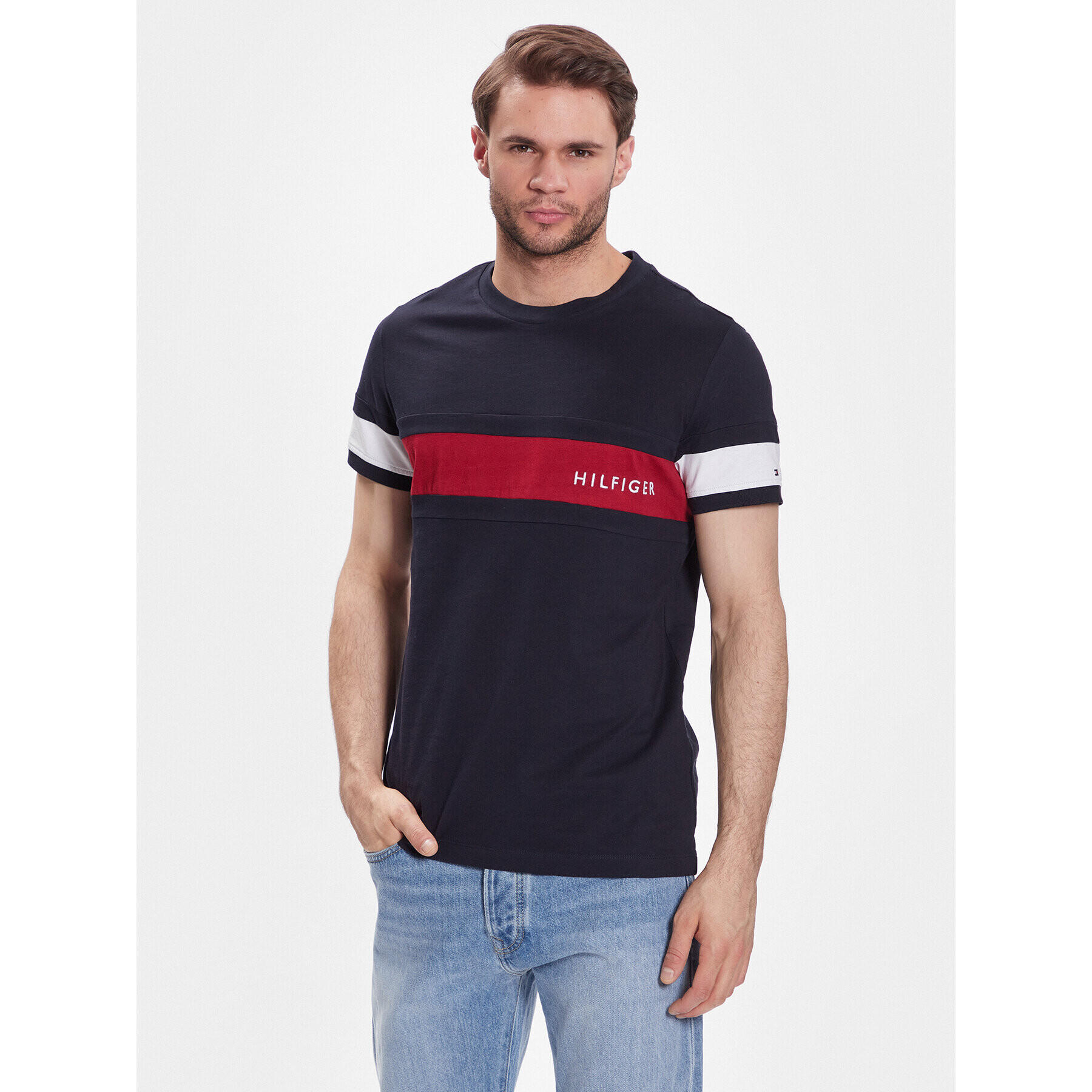 Tommy Hilfiger Tričko Colorblock Placement MW0MW29282 Tmavomodrá Slim Fit - Pepit.sk