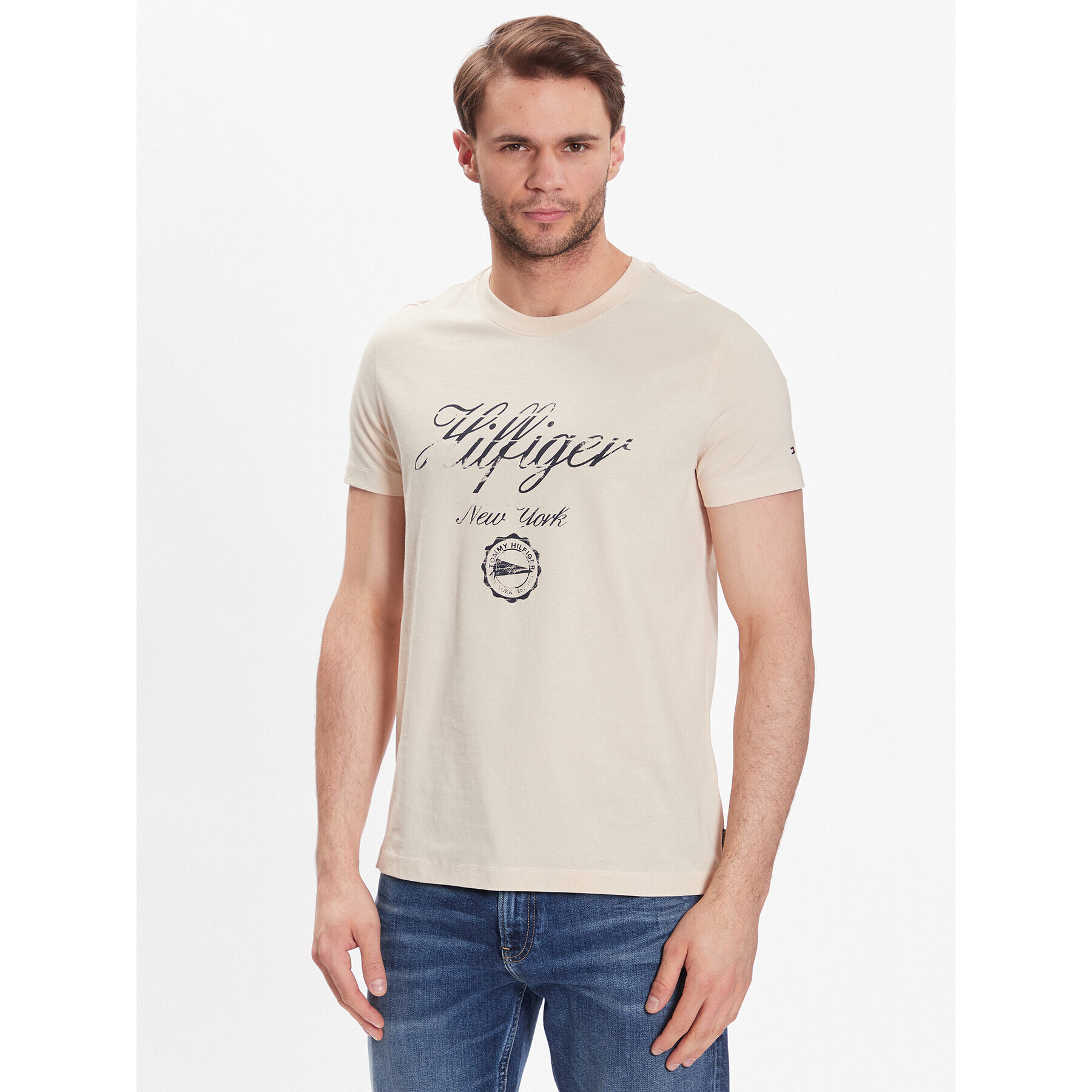 Tommy Hilfiger Tričko Faded Script Print MW0MW30040 Béžová Slim Fit - Pepit.sk