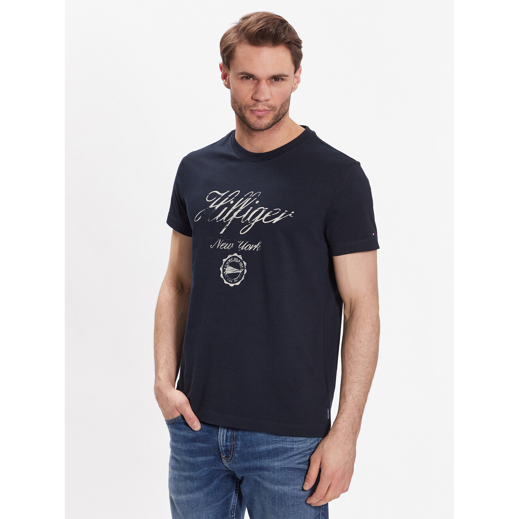 Tommy Hilfiger Tričko Faded Script Print MW0MW30040 Tmavomodrá Slim Fit - Pepit.sk