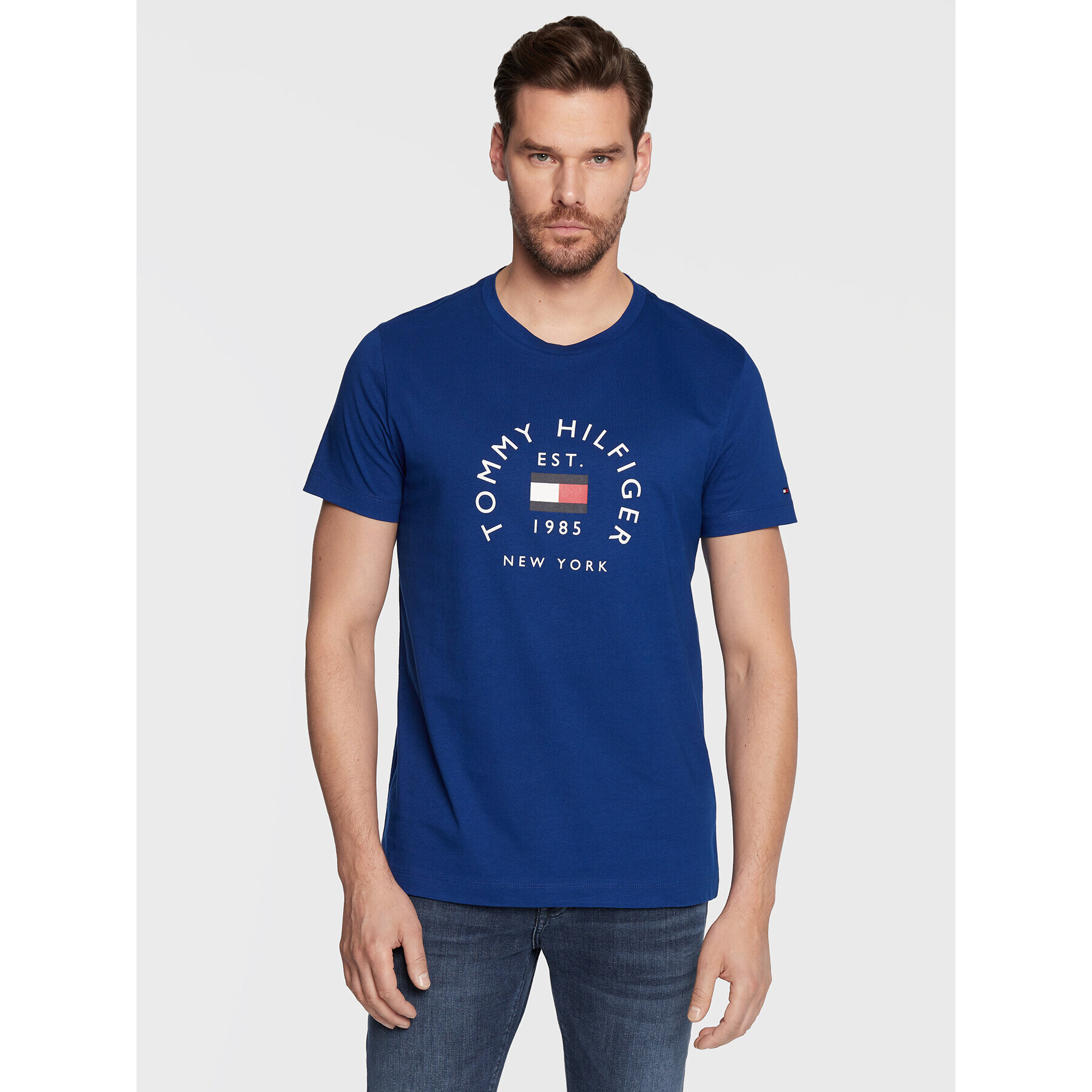 Tommy Hilfiger Tričko Flag Arch MW0MW27909 Modrá Slim Fit - Pepit.sk