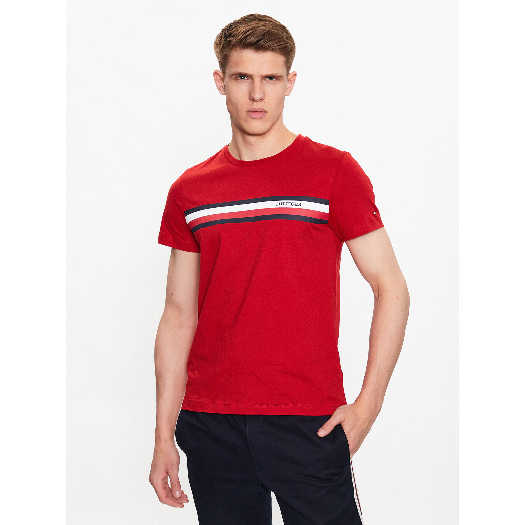 Tommy Hilfiger Tričko Monotype Chest Stripe MW0MW32119 Červená Slim Fit - Pepit.sk