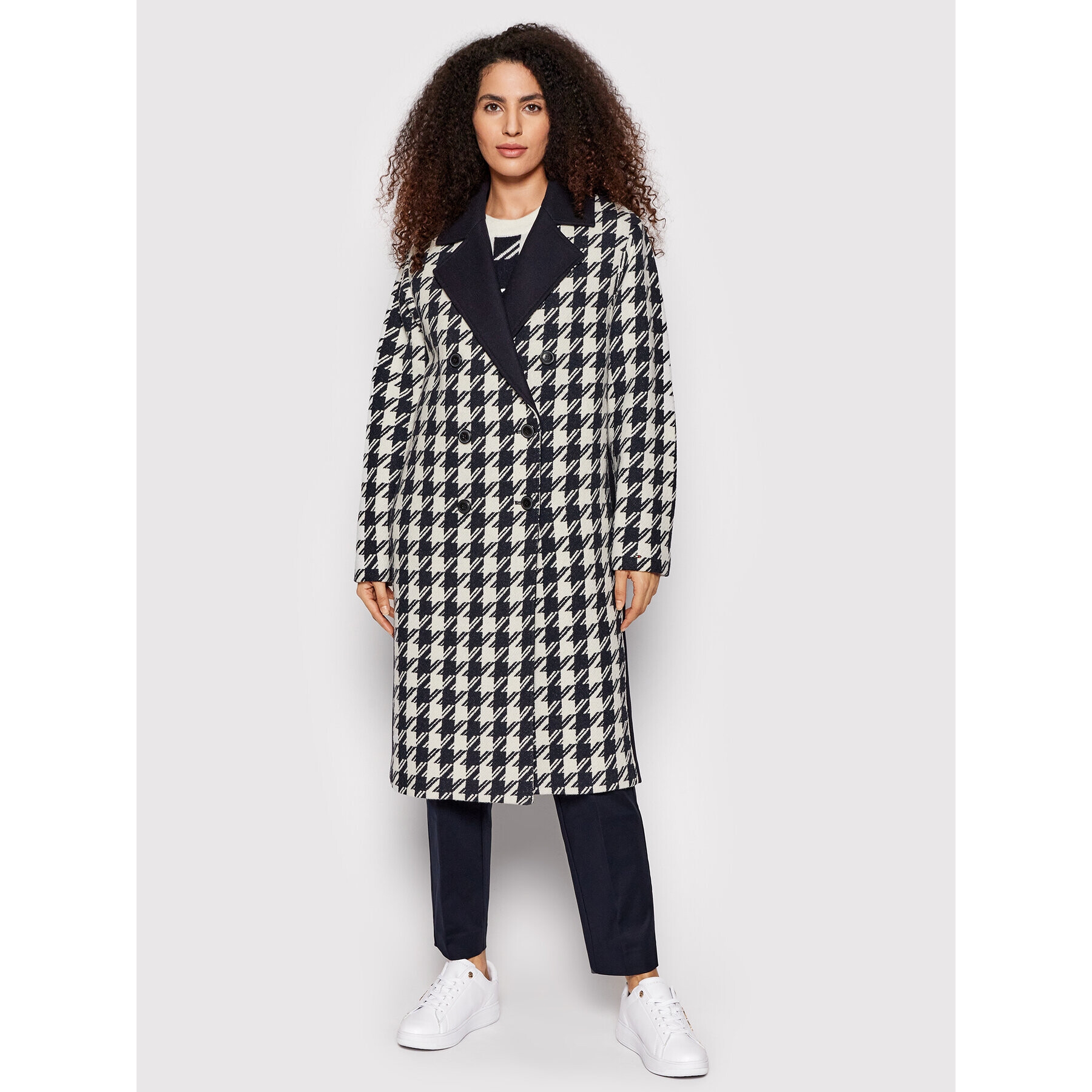 Tommy Hilfiger Vlnený kabát Blend Houndstooth WW0WW32577 Tmavomodrá Relaxed Fit - Pepit.sk