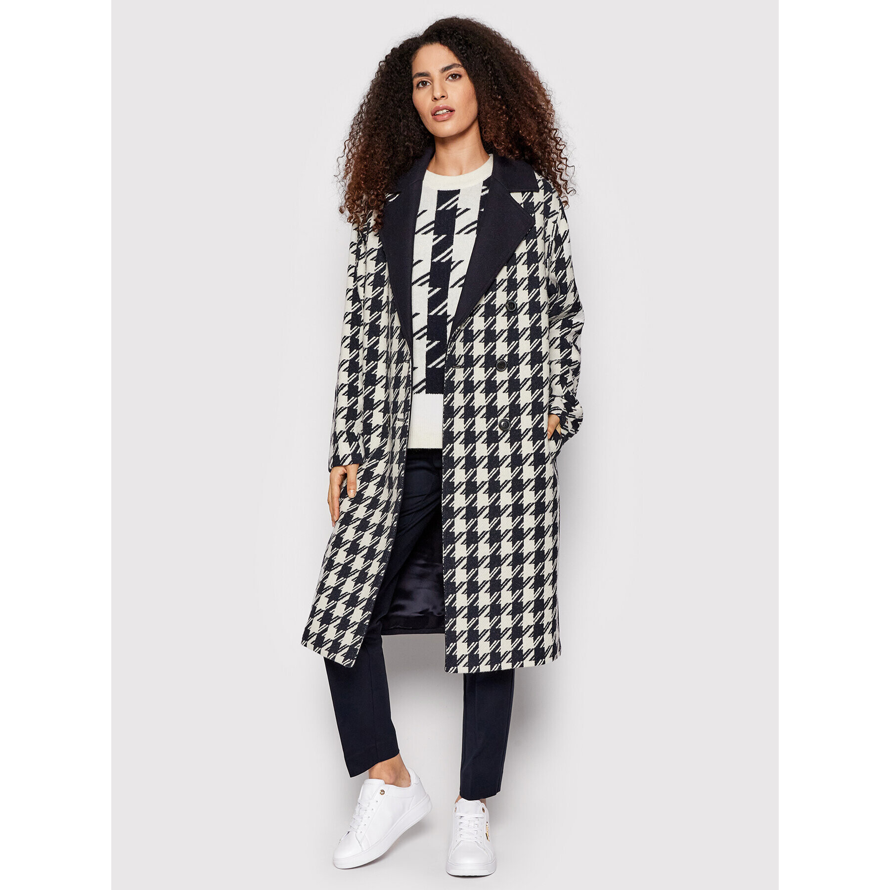 Tommy Hilfiger Vlnený kabát Blend Houndstooth WW0WW32577 Tmavomodrá Relaxed Fit - Pepit.sk