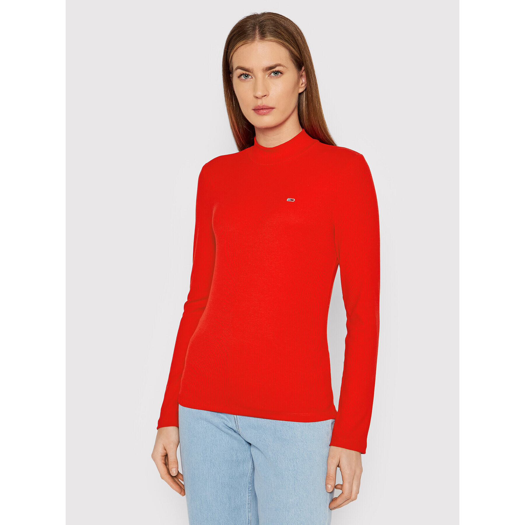 Tommy Jeans Blúzka Rib Mock Neck DW0DW12014 Červená Slim Fit - Pepit.sk