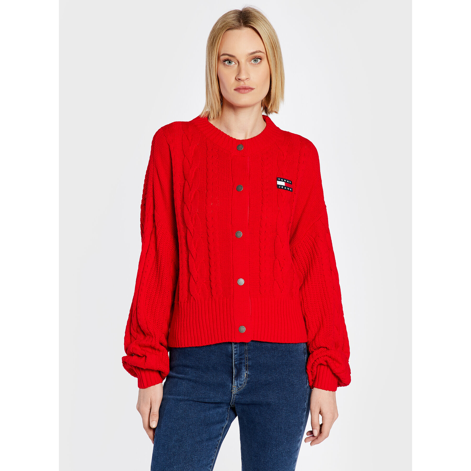 Tommy Jeans Kardigán Badge Cable DW0DW14263 Červená Oversize - Pepit.sk