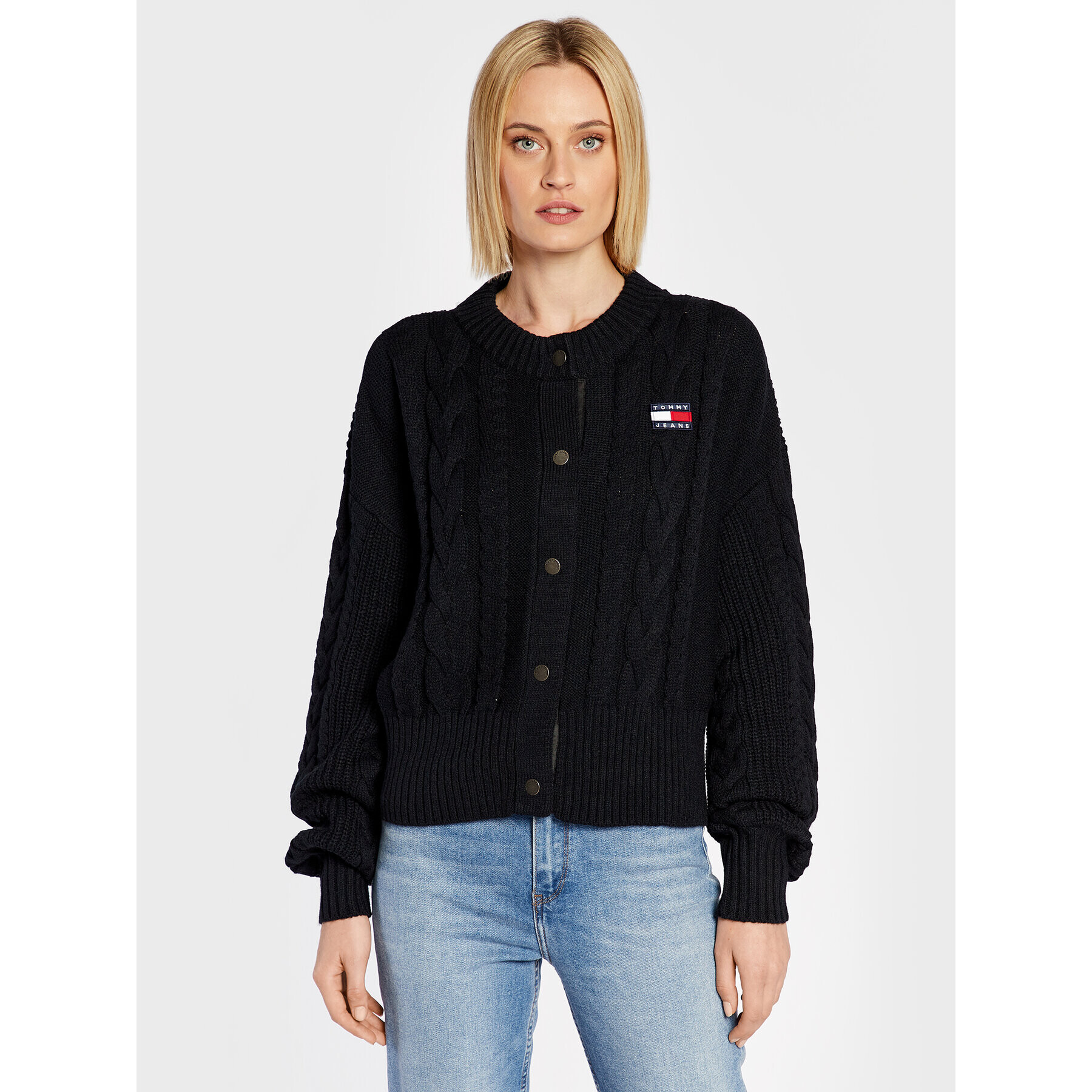 Tommy Jeans Kardigán Badge Cable DW0DW14263 Čierna Oversize - Pepit.sk